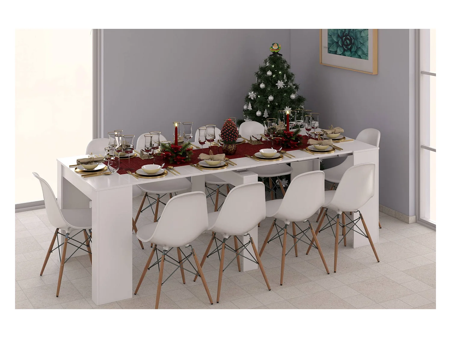 Console Diluna, Table à manger extensible, Table avec rallonges polyvalentes extensible jusqu'à 10 places, 51/237x90h78 cm, Blanc Brillant