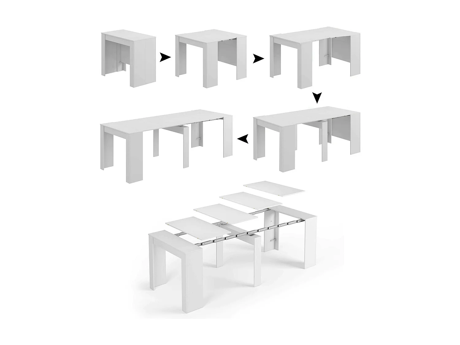 Konsolentisch Diluna, Ausziehbarer Esstisch, Tisch mit Mehrzweckverlängerungen, die auf bis zu 10 Sitzplätze erWeißert werden können, 51/237x90h78 cm, Glänzend Weiß