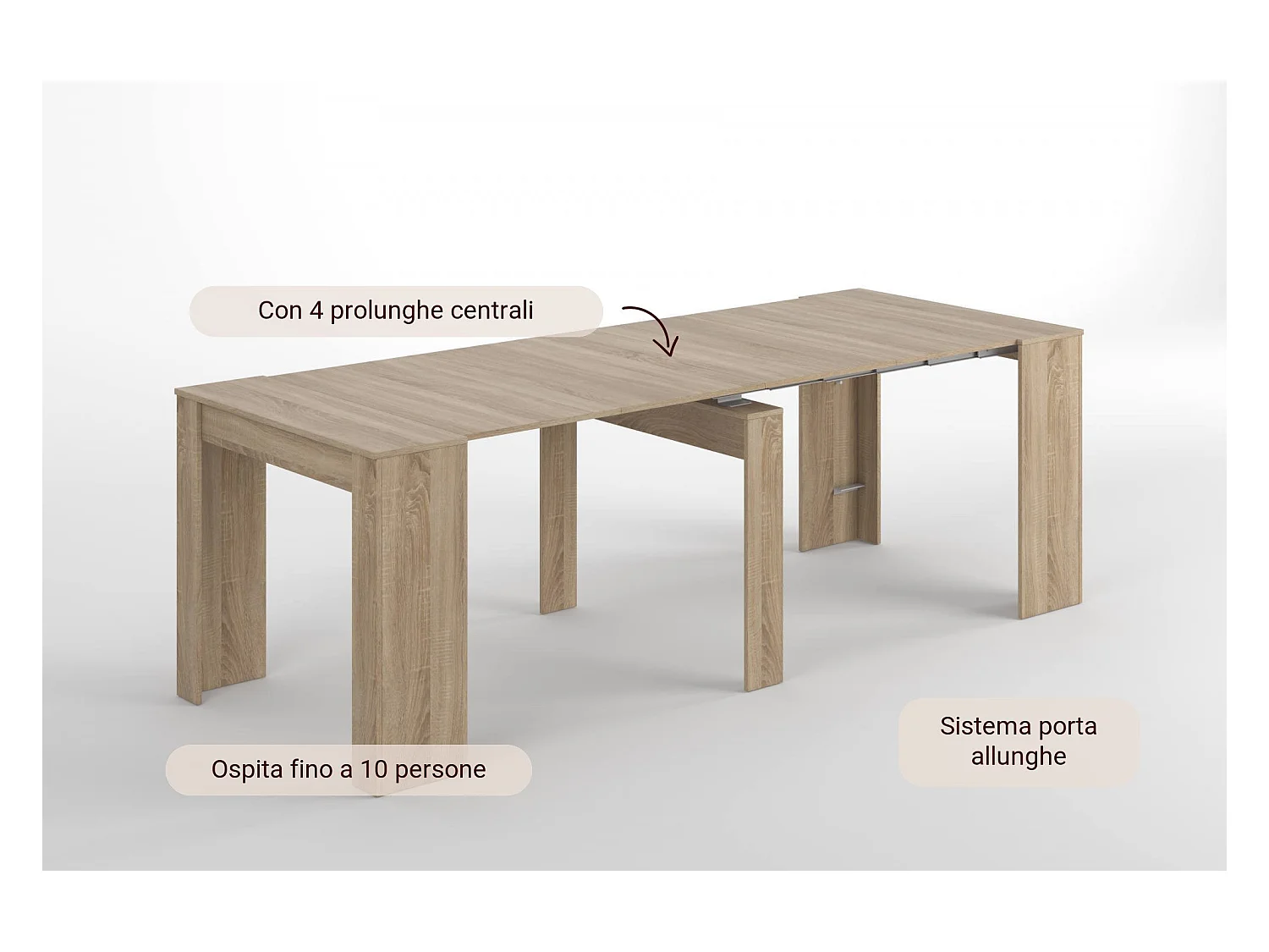 Console Diluna, Table à manger extensible, Table avec rallonges polyvalentes extensible jusqu'à 10 places, 51/237x90h78 cm, Chêne