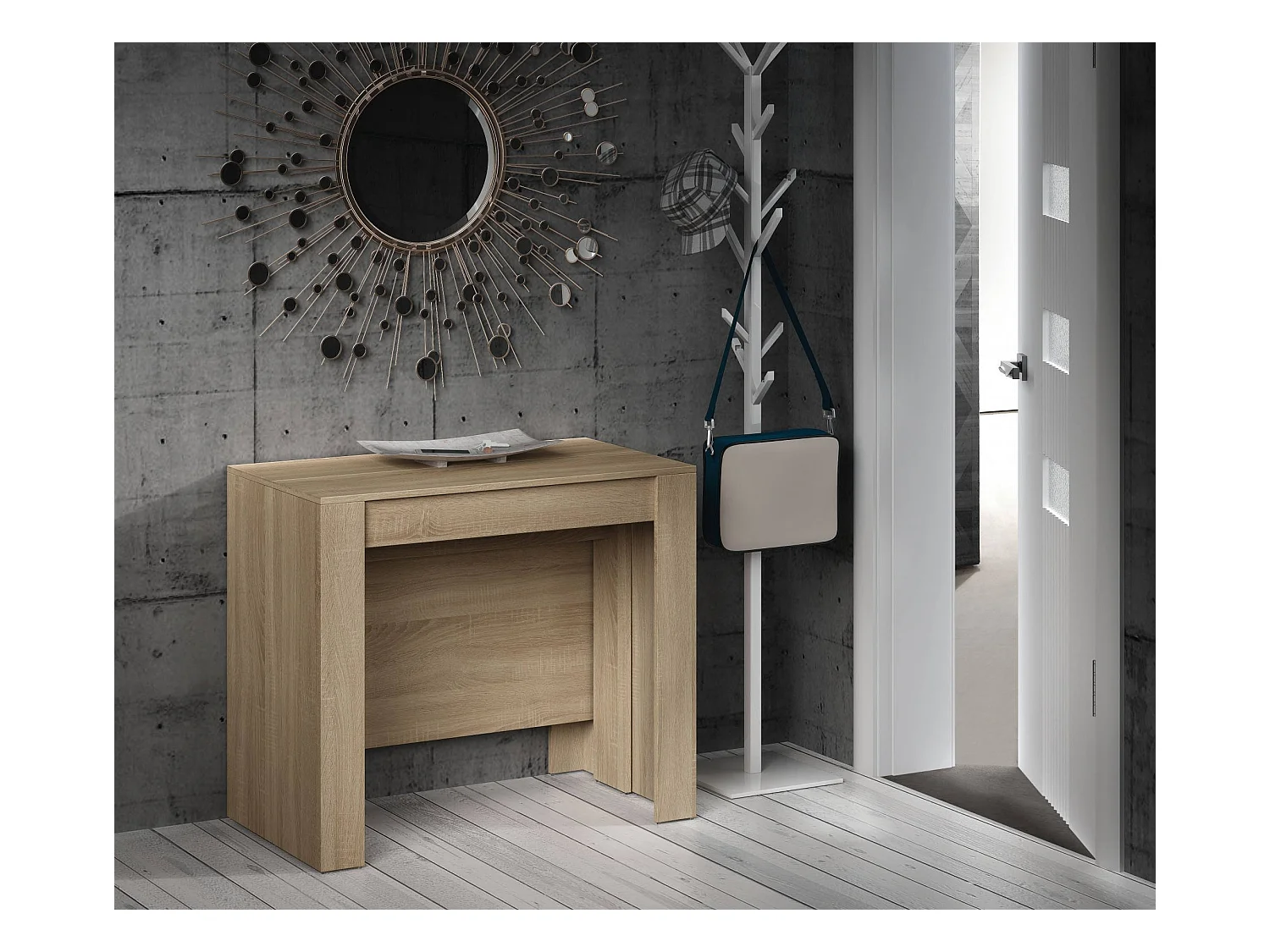 Console Diluna, Table à manger extensible, Table avec rallonges polyvalentes extensible jusqu'à 10 places, 51/237x90h78 cm, Chêne