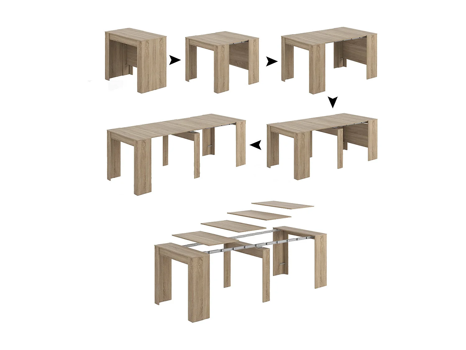 Diluna console, Uitschuifbare eettafel, Tafel met multifunctionele verlengstukken uitschuifbaar tot 10 zitplaatsen, 51/237x90h78 cm, Eiken