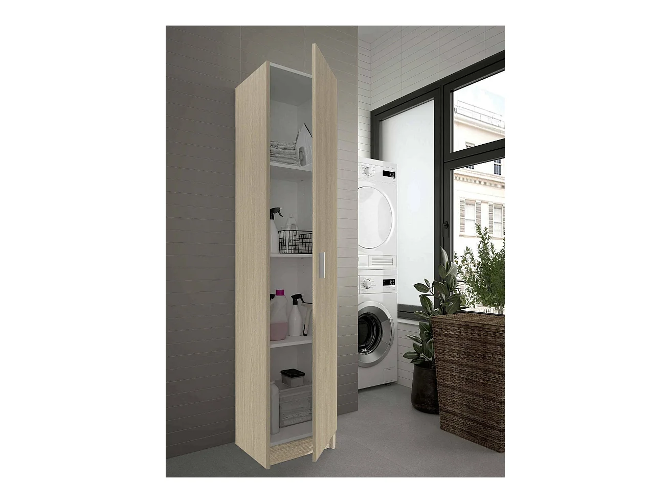 Armário multiusos Dibels, Armário auxiliar com 1 porta, Sapateira com prateleiras, Sapateira vertical, 37x37h180 cm, Carvalho