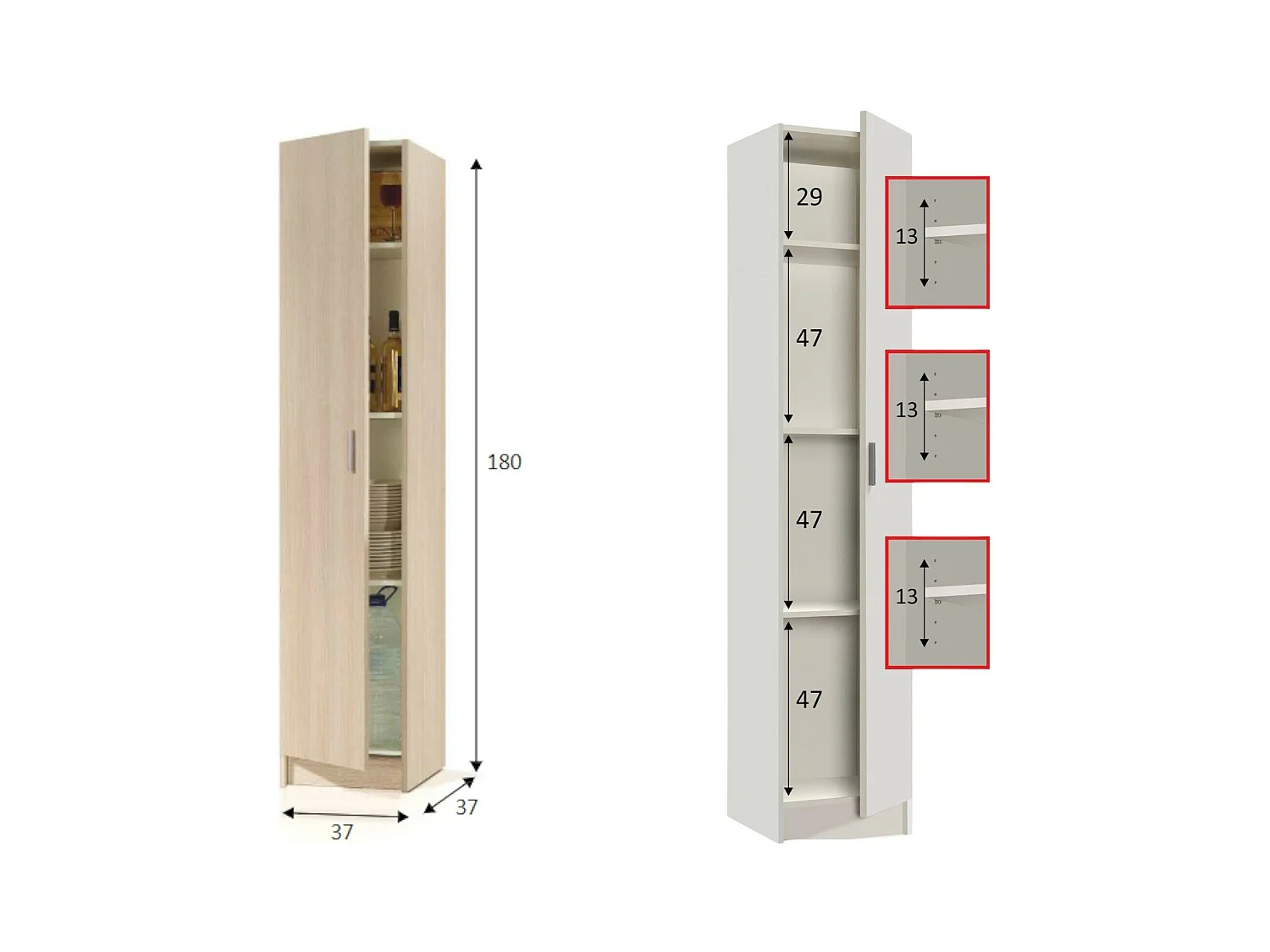 Armário multiusos Dibels, Armário auxiliar com 1 porta, Sapateira com prateleiras, Sapateira vertical, 37x37h180 cm, Carvalho