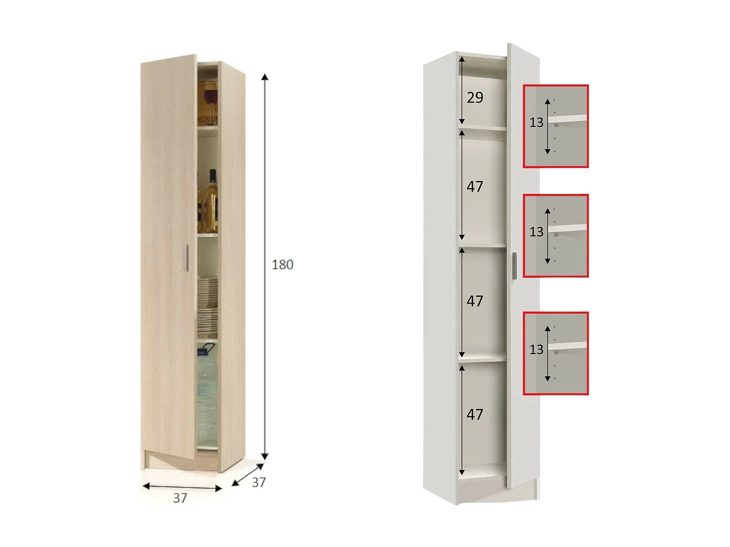 Armoire polyvalente Dibels, Armoire auxiliaire avec 1 porte, Armoire à chaussures avec étagères, Étagère à chaussures verticale, 37x37h180 cm, Chêne
