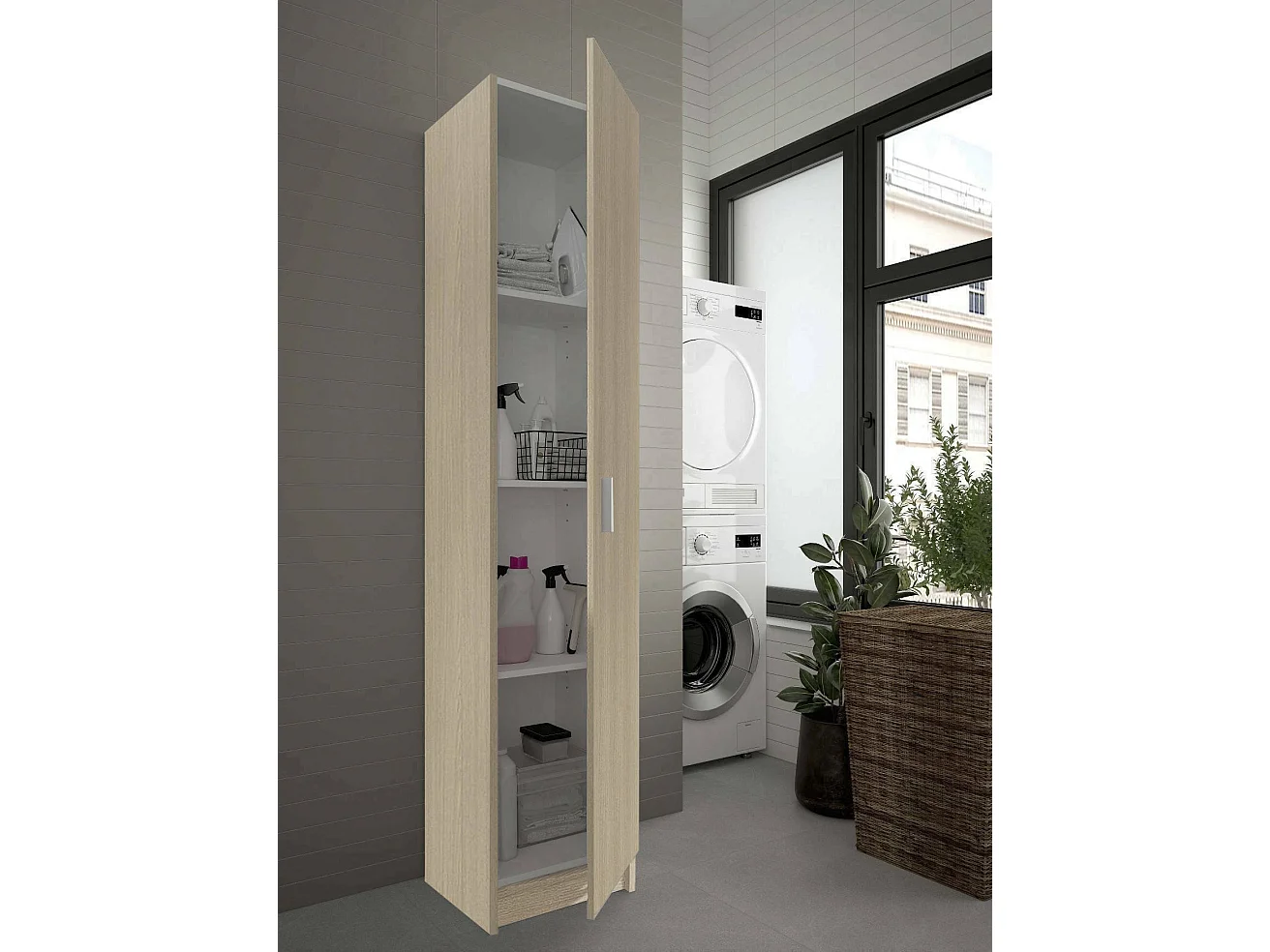 Armoire polyvalente Dibels, Armoire auxiliaire avec 1 porte, Armoire à chaussures avec étagères, Étagère à chaussures vertical\, 37x37h180 cm, Chêne