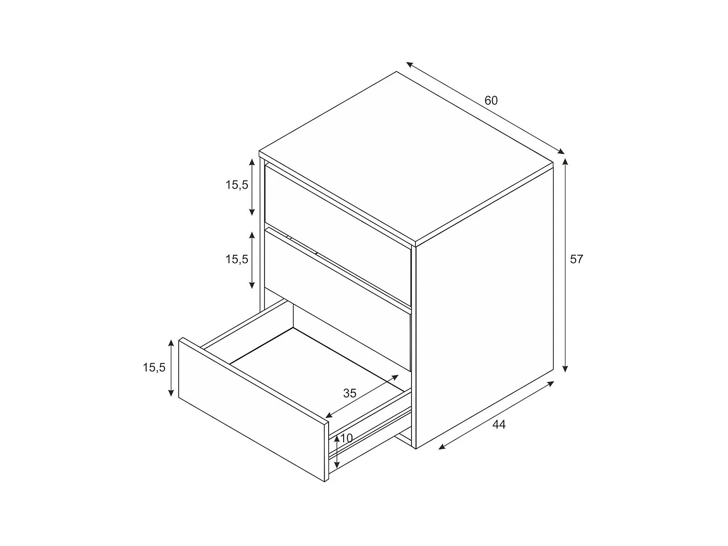 Cómoda Dkutl, Cajonera con 3 cajones, Cajonera baja para interior de armario, semanario moderno, 60x44h57 cm, Blanco