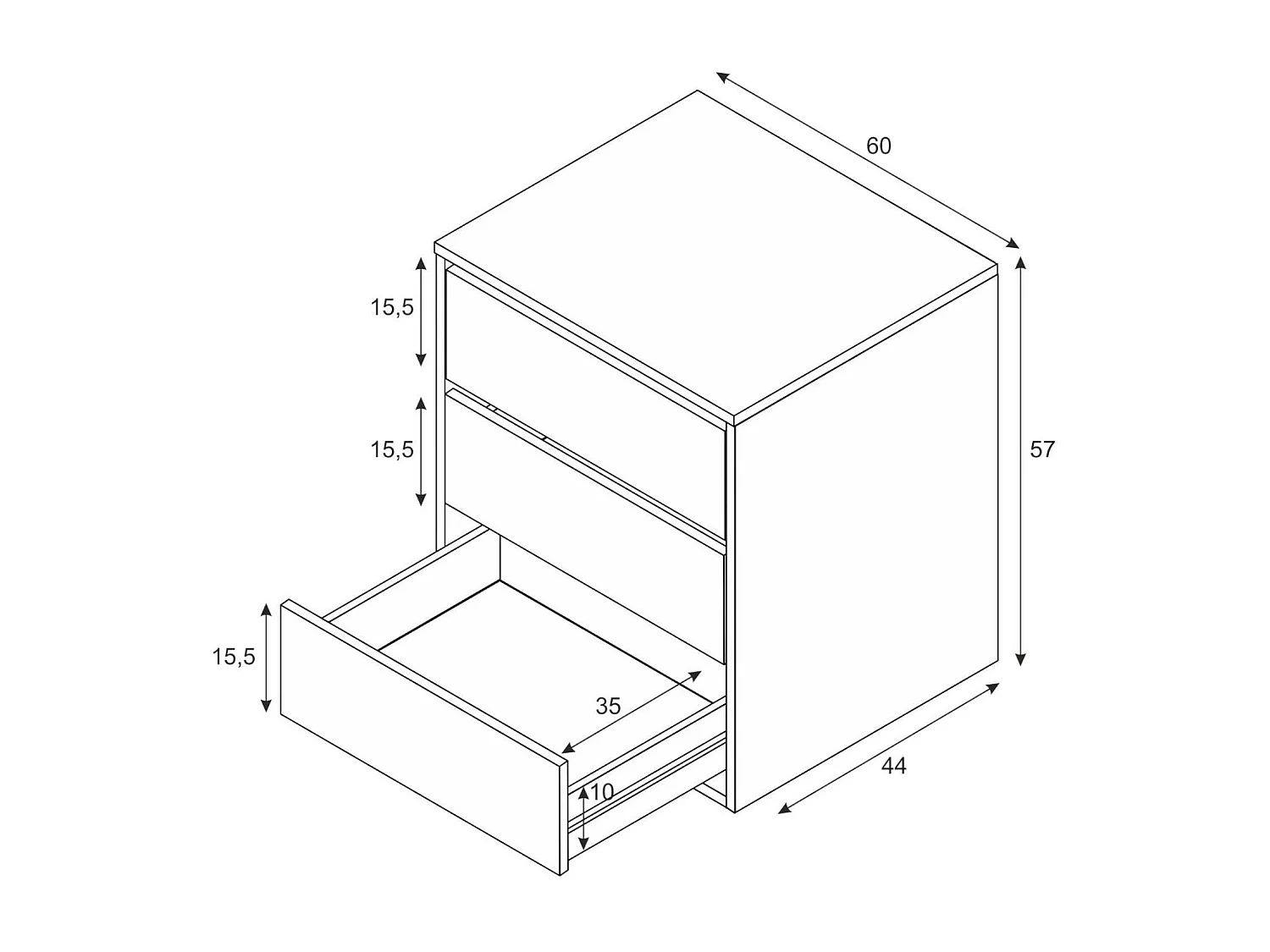 Commode Dkutl, Commode avec 3 tiroirs, Commode basse pour intérieurs de garde-robe, Commode moderne, 60x44h57 cm, Blanc