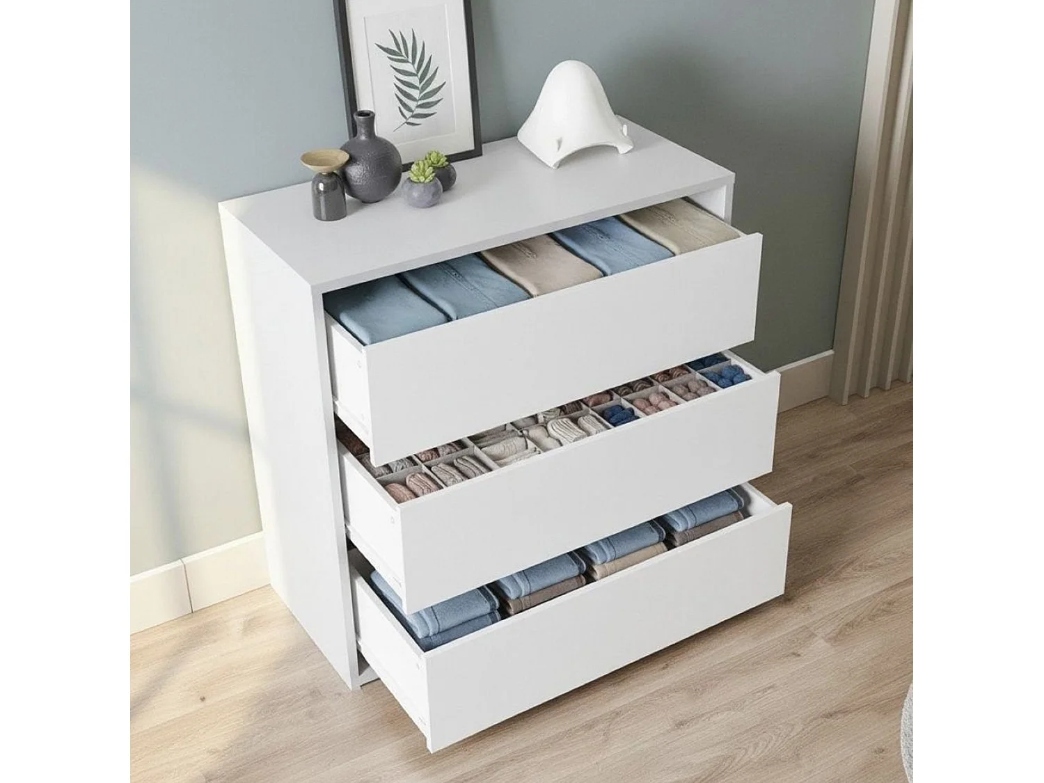 Commode Dkutl, Commode avec 3 tiroirs, Commode basse pour intérieurs de garde-robe, Commode moderne, 60x44h57 cm, Blanc