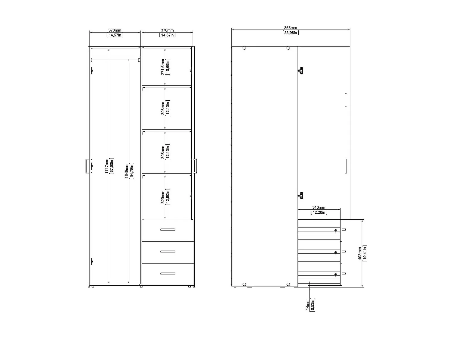 Armoire avec deux portes battantes et trois tiroirs, couleur blanche, Dimensions 77 x 175 x 49 cm