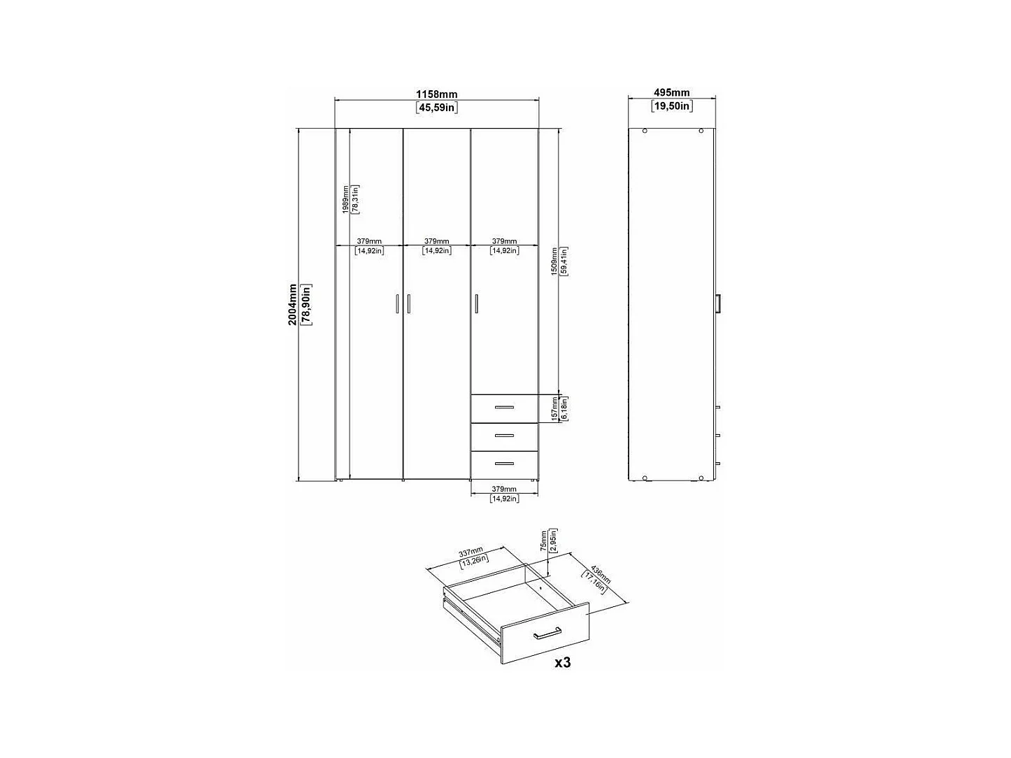 Armoire à trois portes et trois tiroirs, couleur blanche, Dimensions 115 x 200 x 49 cm