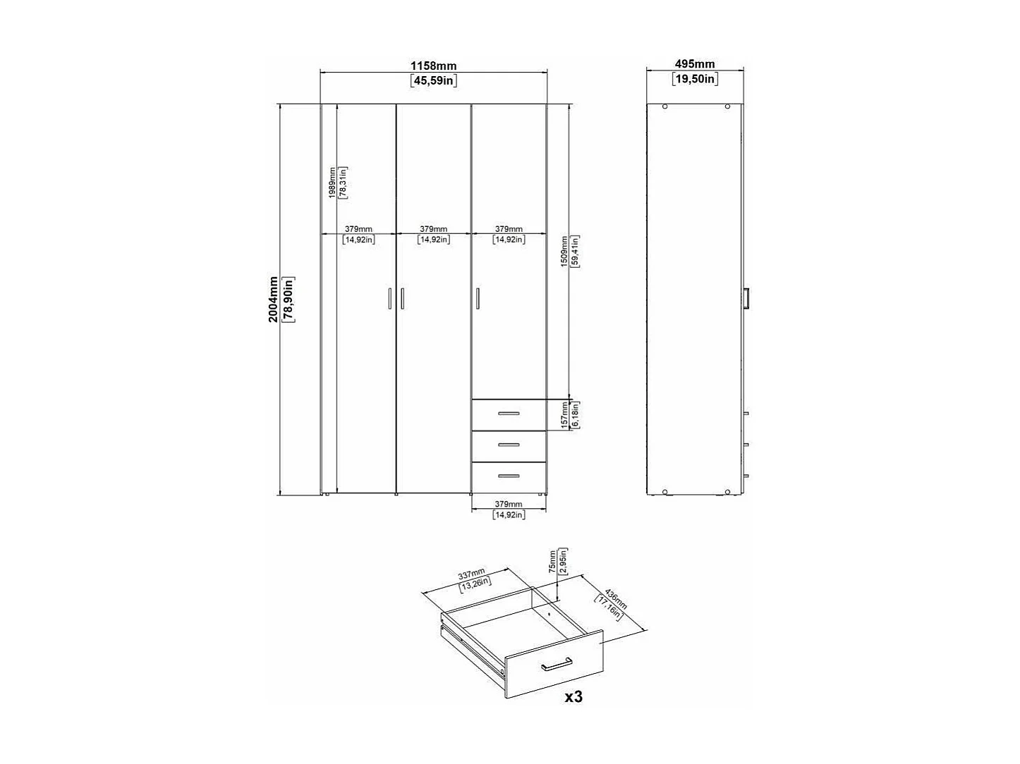 Armoire à trois portes et trois tiroirs, couleur blanche, Dimensions 115 x 200 x 49 cm