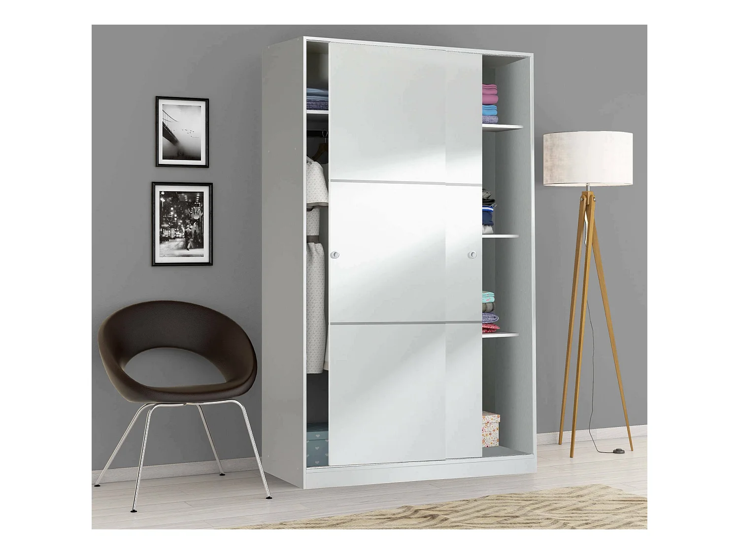 Garderobe Dnoce, Schlafzimmer Kleiderschrank mit 2 Schiebetüren, Schrank mit 4 Einlegeböden und Kleiderstange, 120x50h200 cm, Weiß