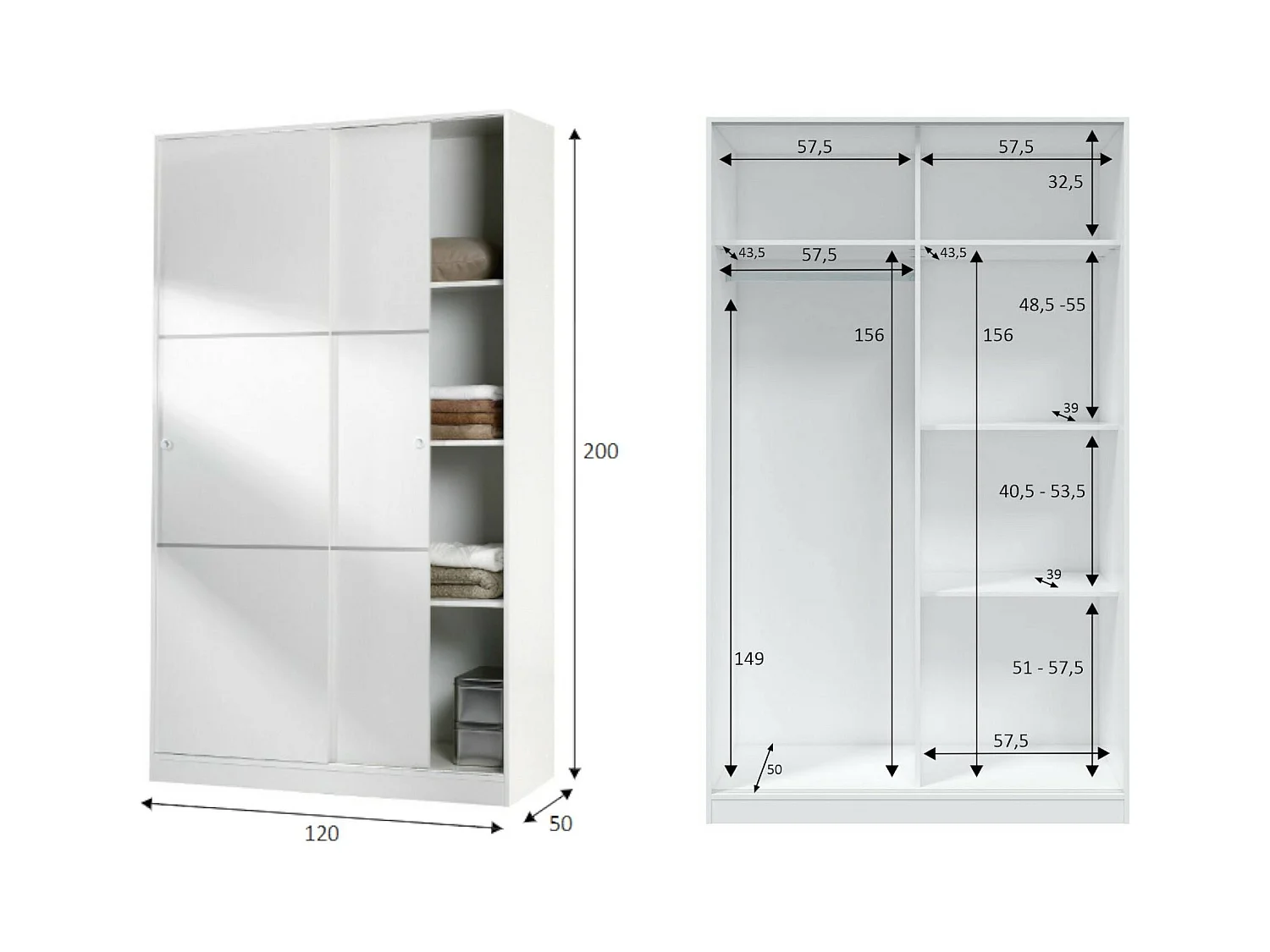 Dnoce Armoire, Armoire de Chambre avec 2 Portes coulissantes, Armoire avec 4 étagères et Tringle à vêtements, 120x50h200 cm, Blanc