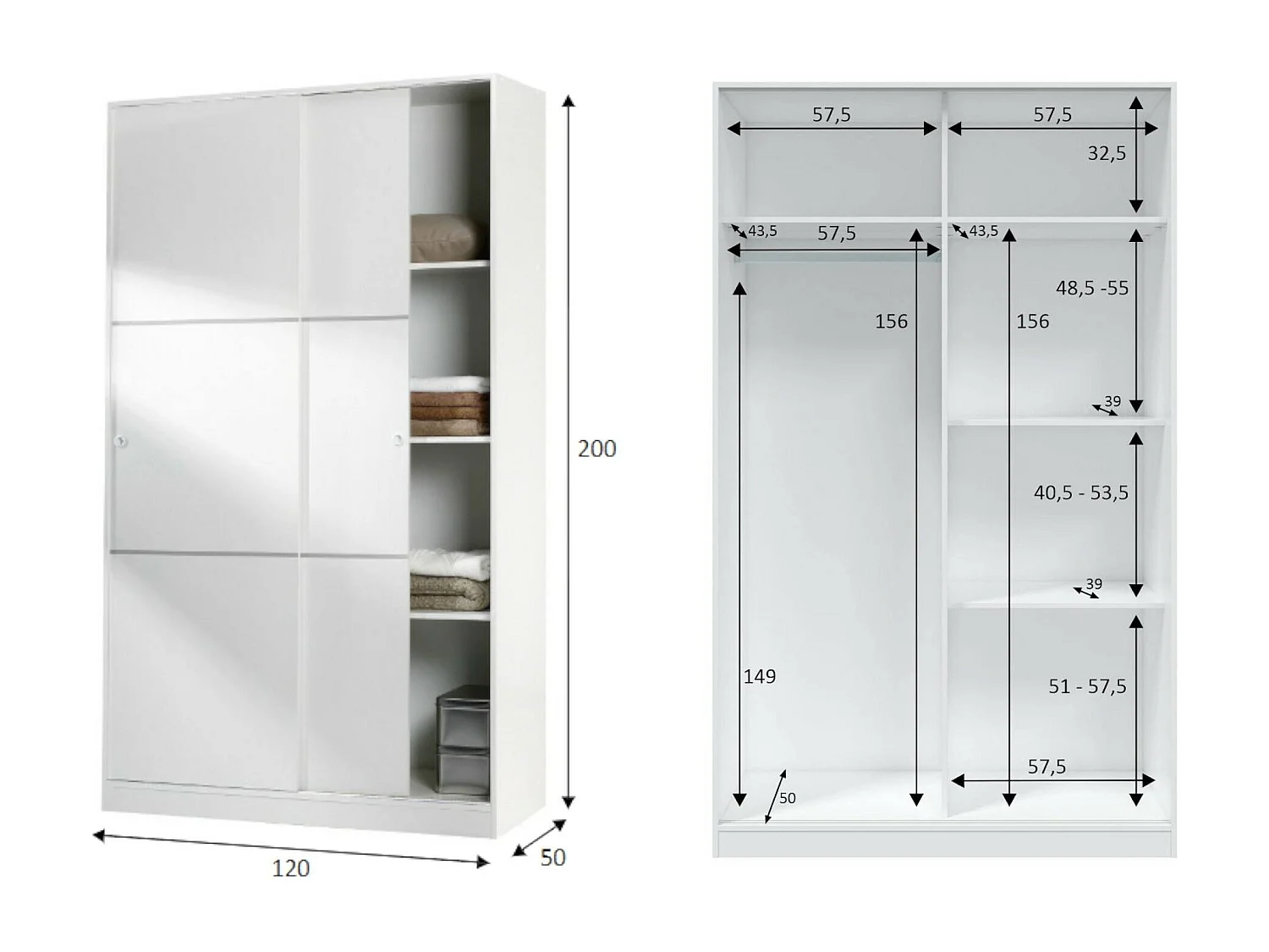 Guardarropa Dnoce, Armario dormitorio con 2 puertas correderas, Mueble con 4 baldas y barra perchero, 120x50h200 cm, Blanco