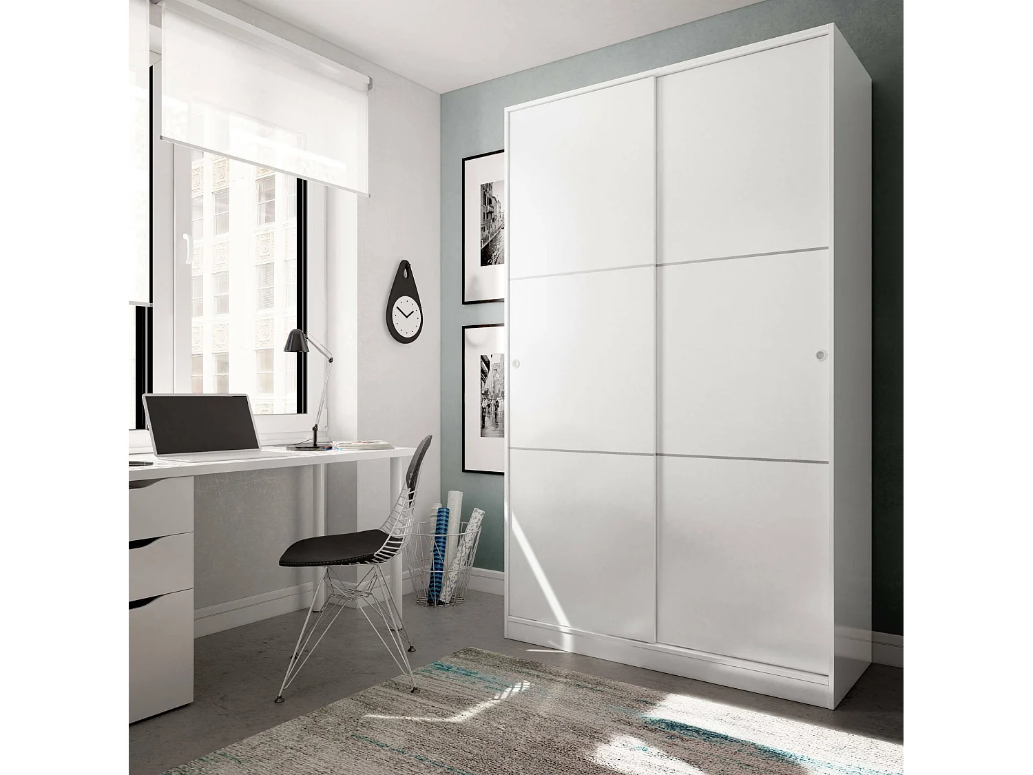 Guardarropa Dnoce, Armario dormitorio con 2 puertas correderas, Mueble con 4 baldas y barra perchero, 120x50h200 cm, Blanco