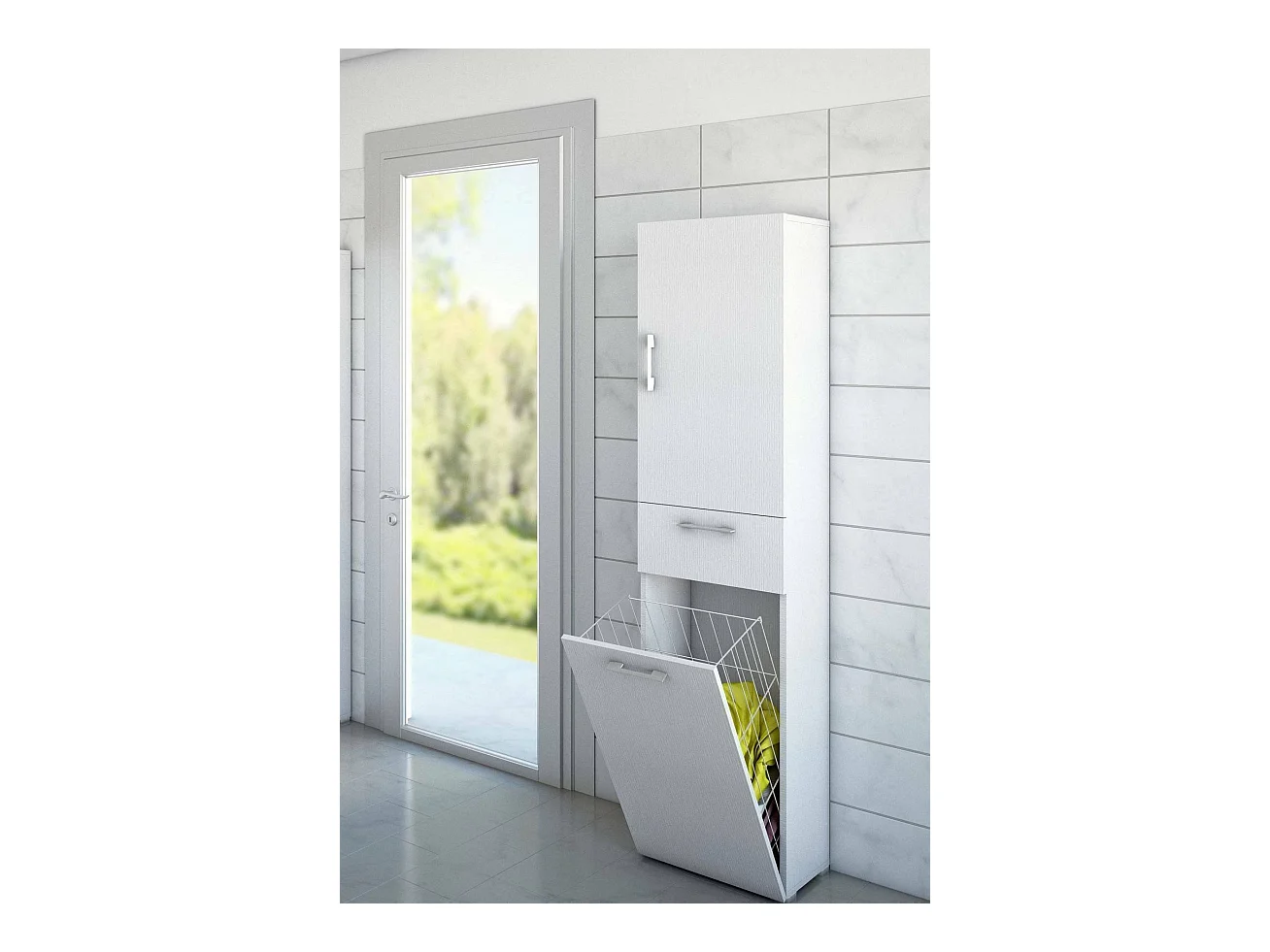 Armoire polyvalente Dcosim, Armoire à linge linéaire avec 2 portes, Colonne de salle de bain avec panier à linge, 100% Made in Italy, 45x32h195 cm, Blanc