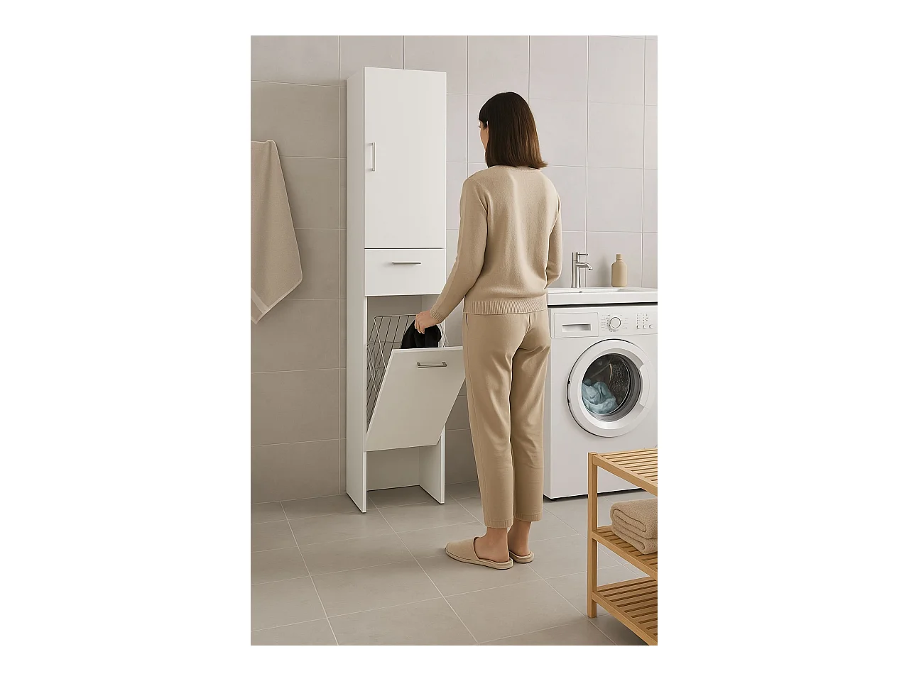 Armoire polyvalente Dcosim, Armoire à linge linéaire avec 2 portes, Colonne de salle de bain avec panier à linge, 100% Made in Italy, 45x32h195 cm, Blanc
