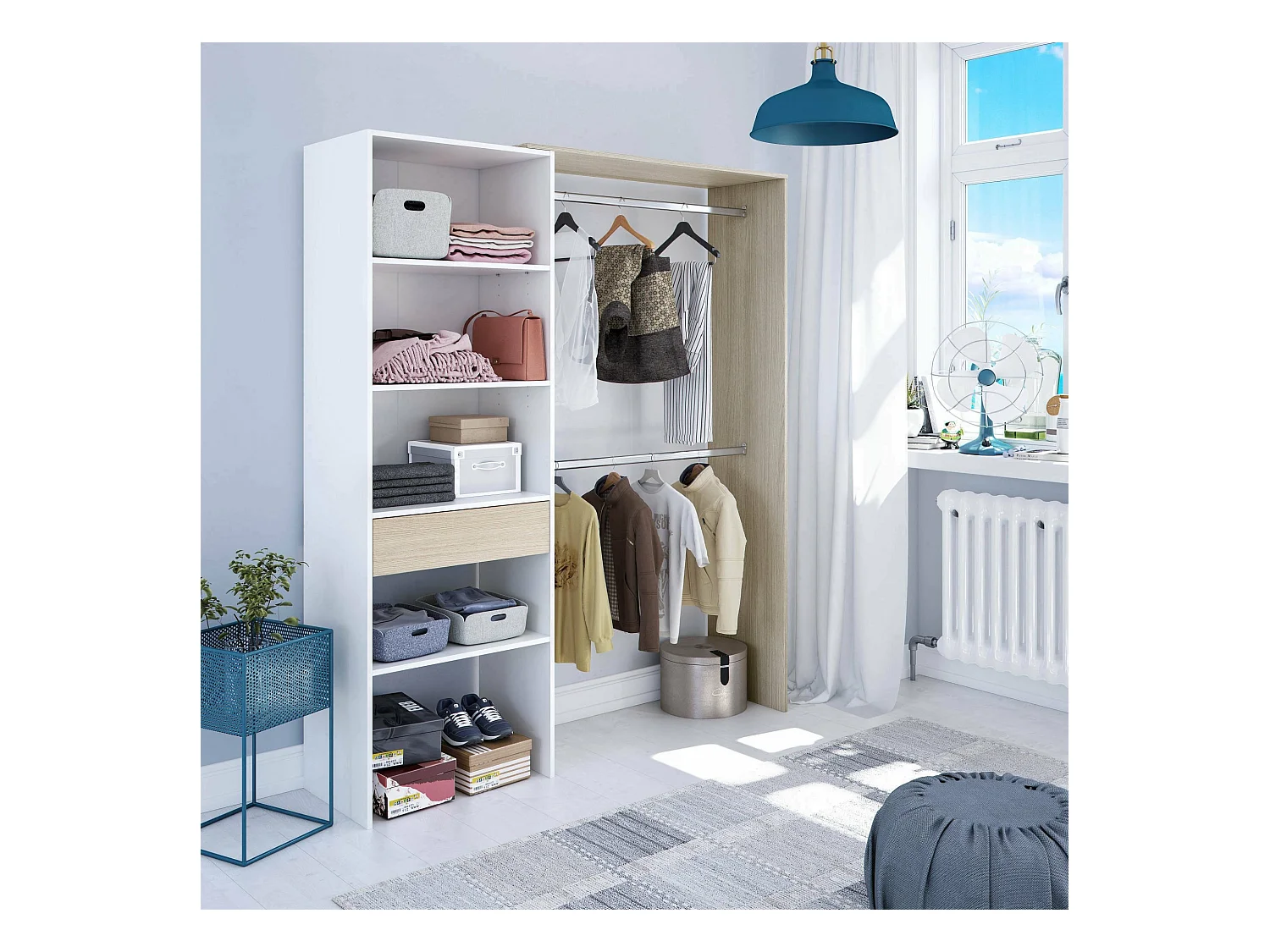 Garderobe Dalala, Struktur für begehbaren Kleiderschrank, Offener Kleiderschrank ohne Türen, Begehbarer Kleiderschrank, 158x40h187 cm, WeiÃŸ und Eiche