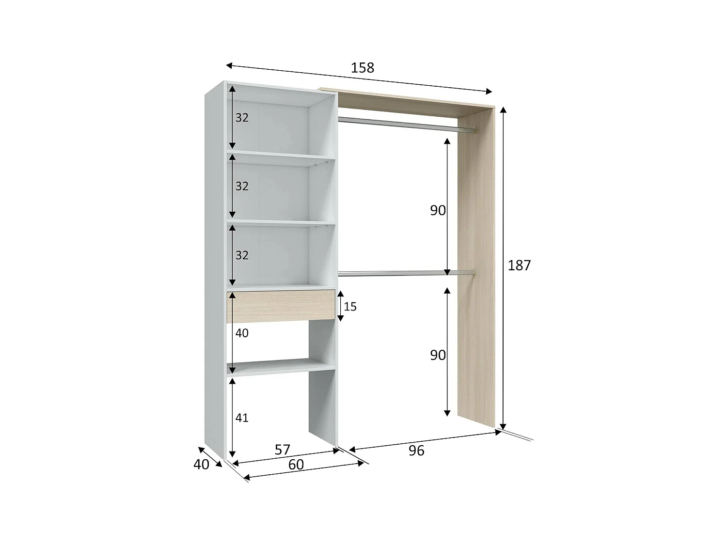 Dalala kledingkast, Structuur voor inloopkast, Open kledingkast zonder deuren, Inloopkast, 158x40h187 cm, Wit en Eiken