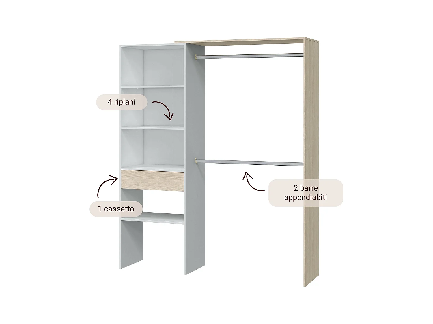 Dalala kledingkast, Structuur voor inloopkast, Open kledingkast zonder deuren, Inloopkast, 158x40h187 cm, Wit en Eiken