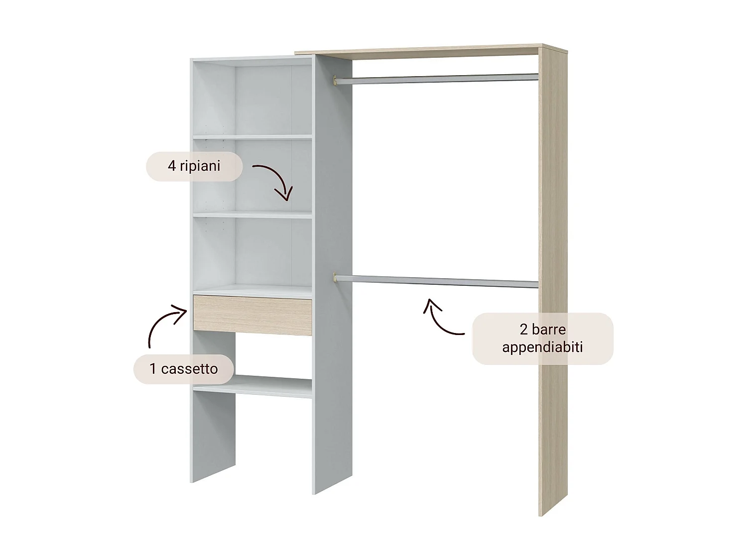 Dalala kledingkast, Structuur voor inloopkast, Open kledingkast zonder deuren, Inloopkast, 158x40h187 cm, Wit en Eiken