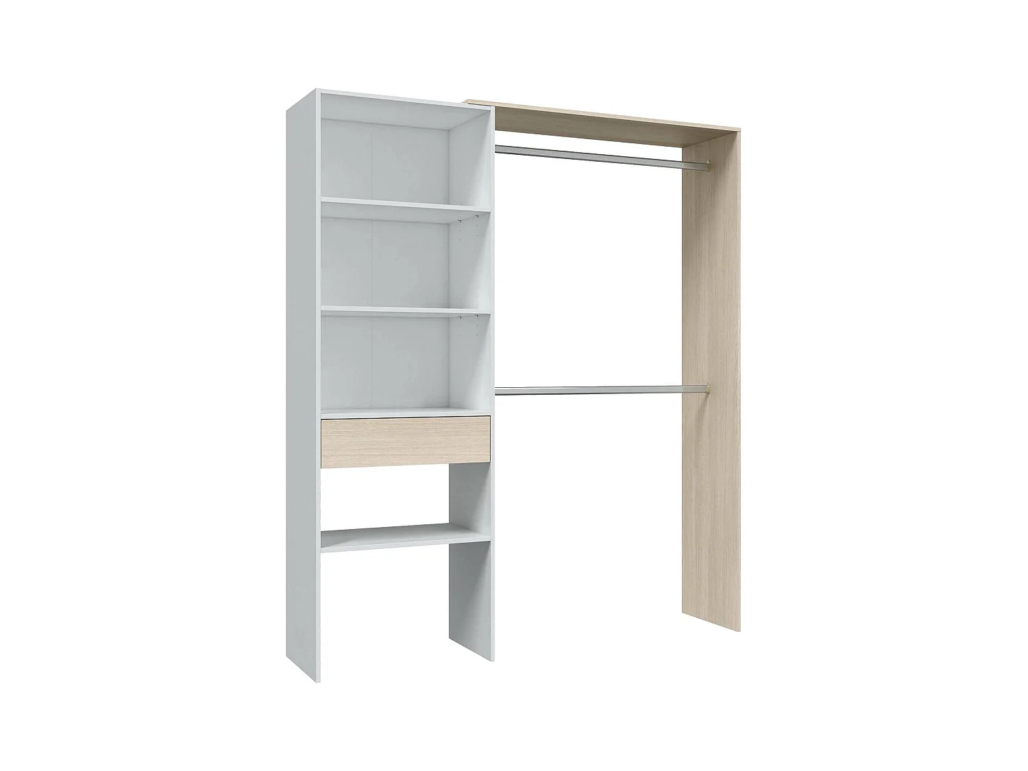 Armoire ouverte, Dressing, avec 5 étagères ouvertes, 1 tiroir et deux cintres, Couleur Blanc et Chêne, 158 x 187 x 40 cm