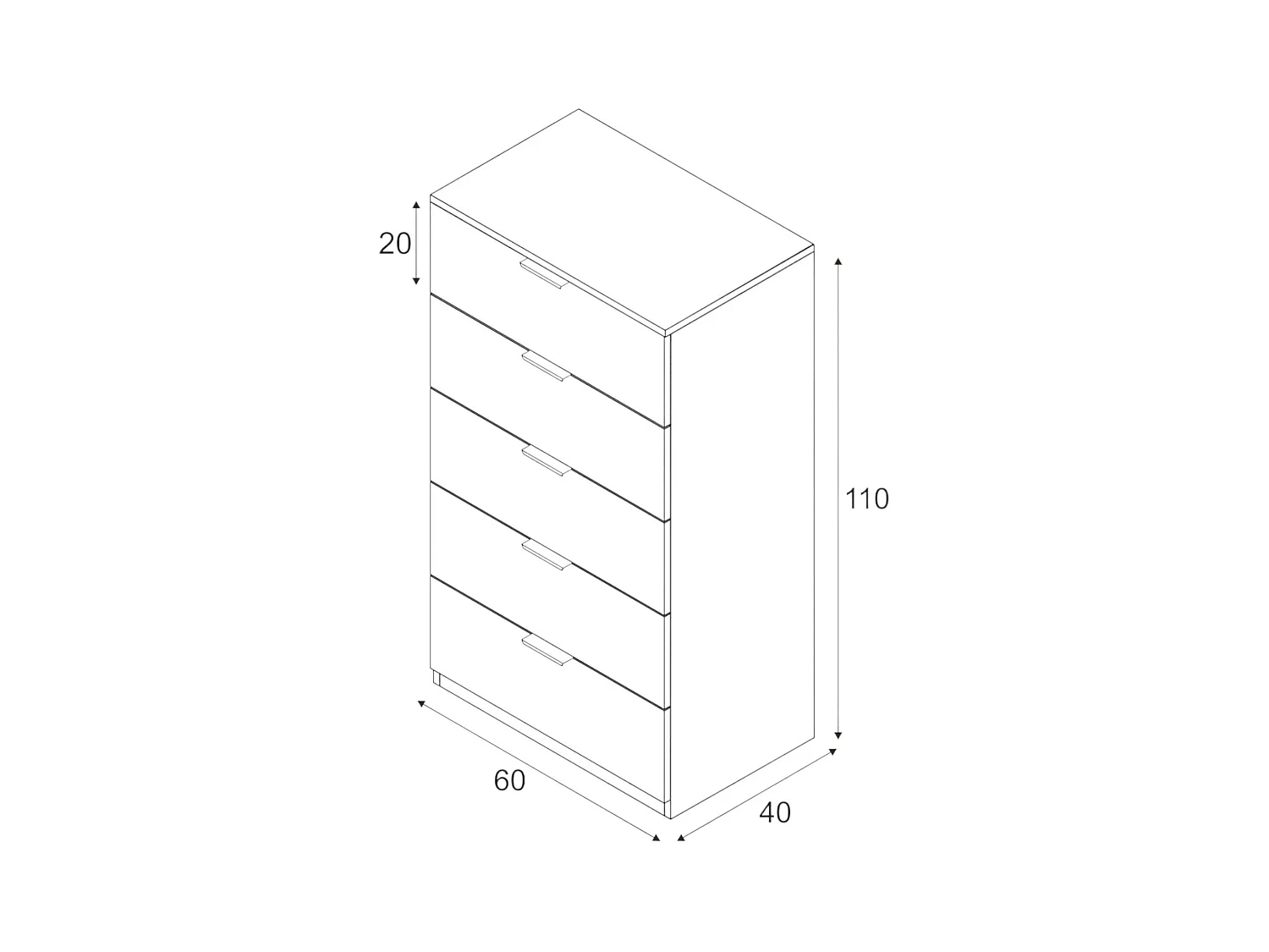 Cómoda Dhvali, Semanal con 5 cajones, Tocador para dormitorio, semanario moderno, 60x40h110 cm, Blanco