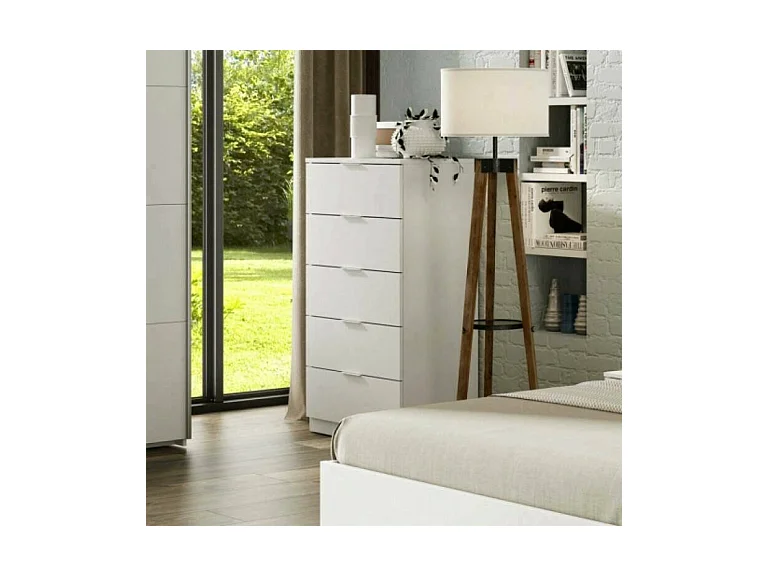Commode Dhvali, Commode 5 tiroirs, Commode pour chambre à coucher, Commode moderne, 60x40h110 cm, Blanc
