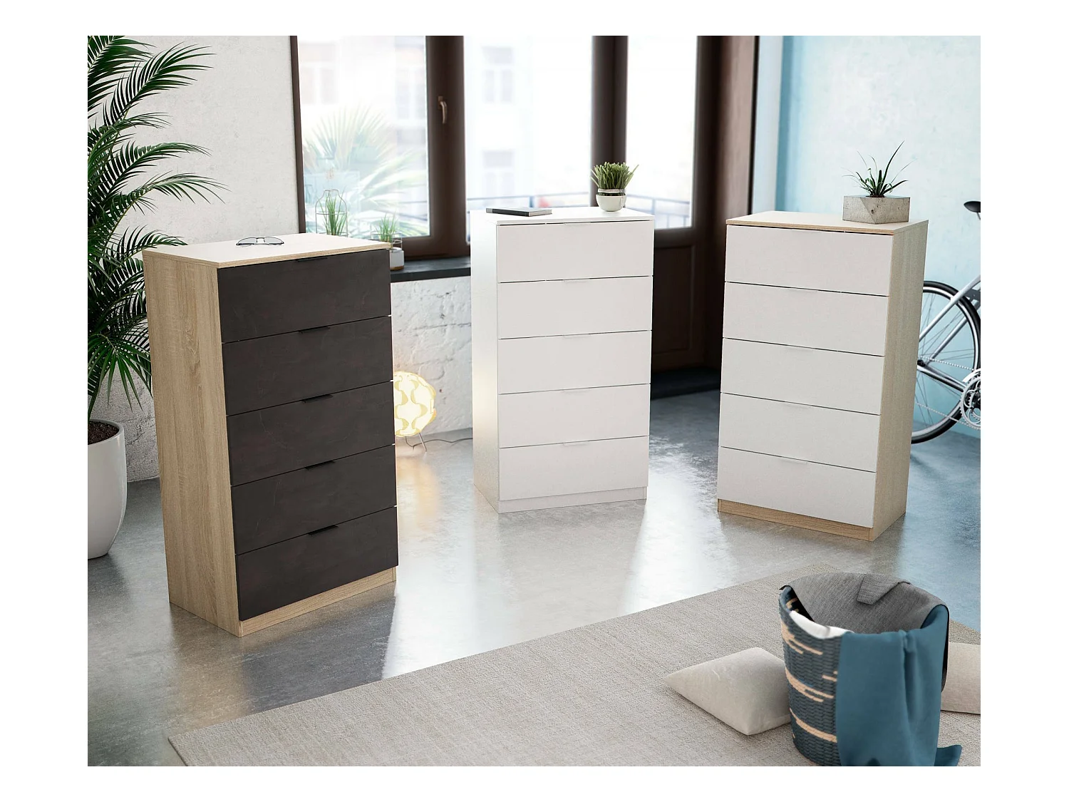 Commode Dhvali, Commode 5 tiroirs, Commode pour chambre à coucher, Commode moderne, 60x40h110 cm, Blanc