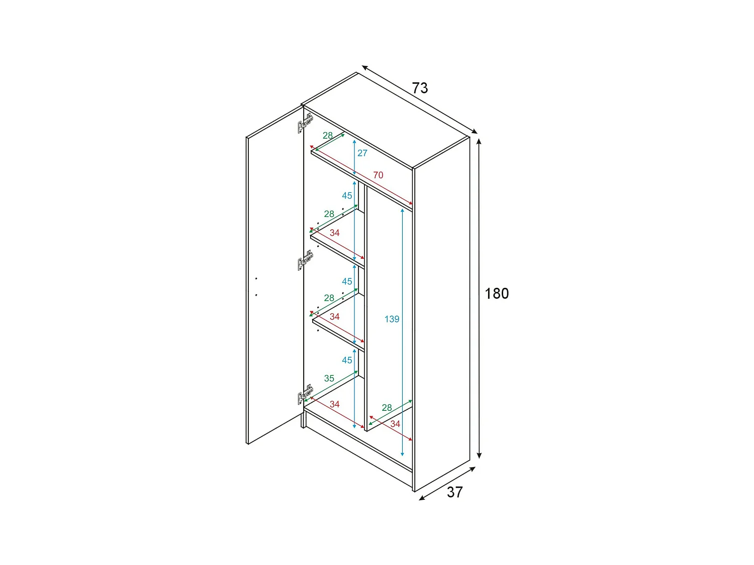 Armoire polyvalente Dabaldi, Armoire à balais avec 2 portes, Étagère à chaussures avec étagères, Armoire à balais, cm73x37h180 cm, Chêne