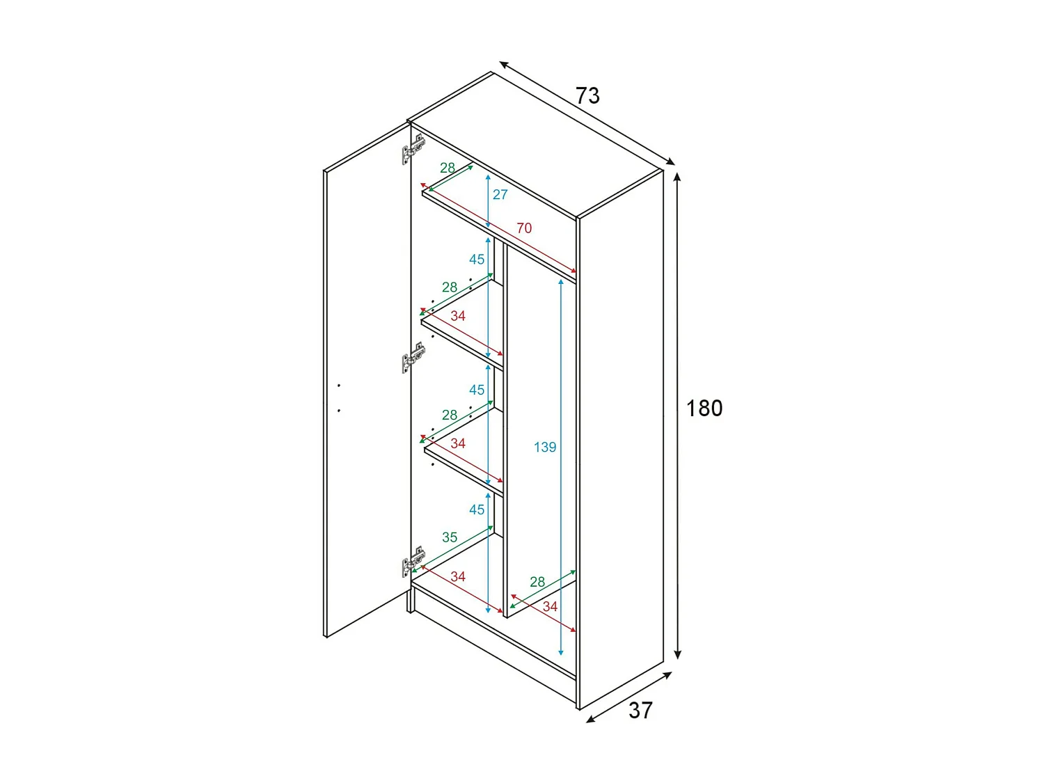 Mehrzweck-Schrank Dabaldi, Besenschrank mit 2 Türen, Schuhregal mit Regalen, Besenkammer, 73x37h180 cm, Eiche