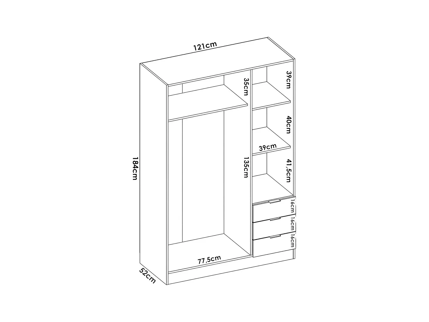 Armoire Dbarro, Cintre pour chambre à coucher, Armoire avec 3 portes battantes et 3 tiroirs, 121x52h184 cm, Blanc