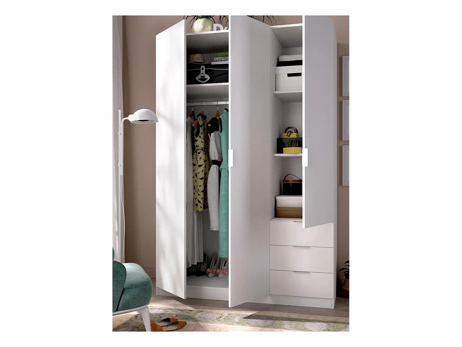 Armoire Dbarro, Cintre pour chambre à coucher, Armoire avec 3 portes battantes et 3 tiroirs, 121x52h184 cm, Blanc