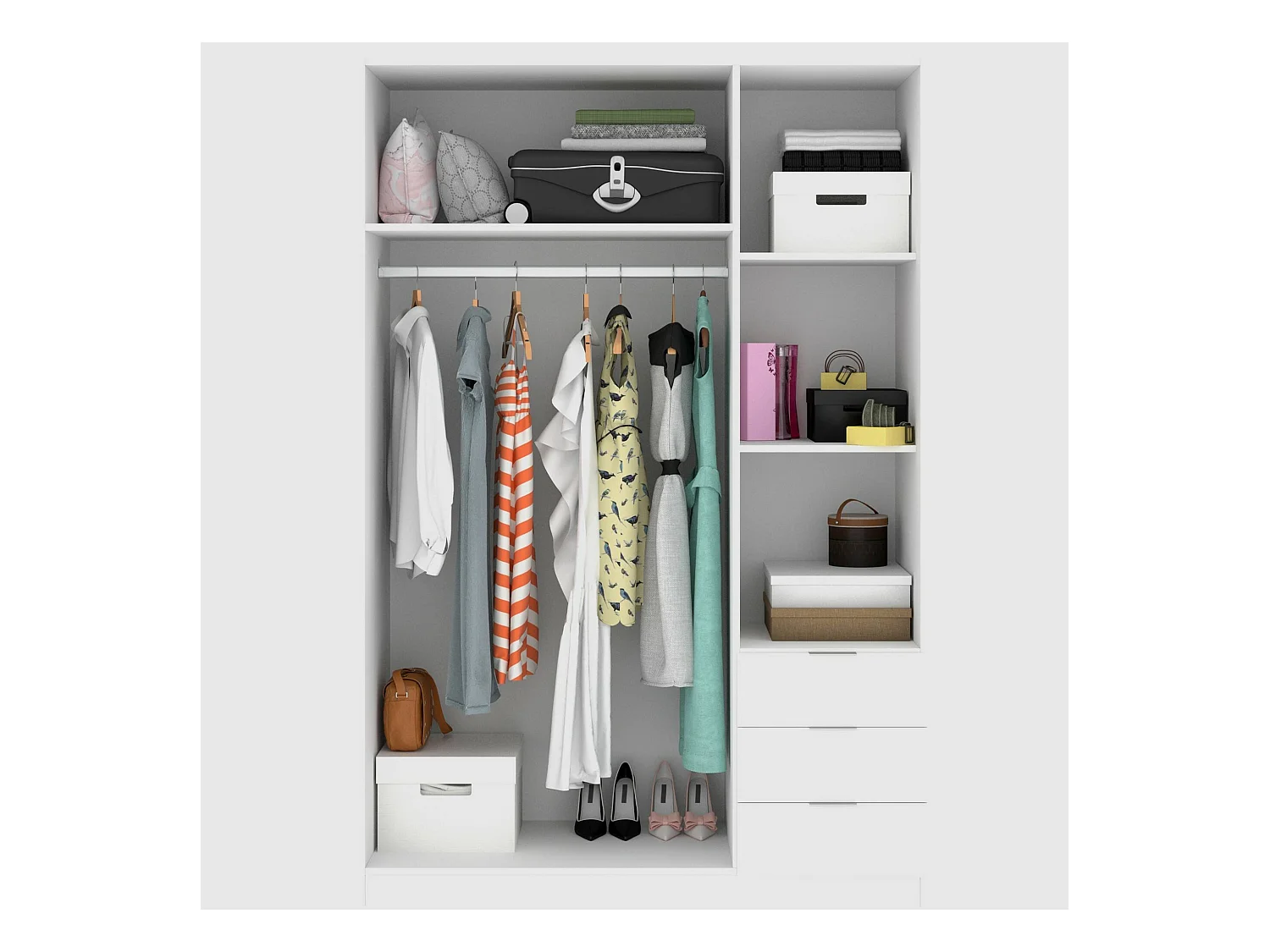 Armoire Dbarro, Cintre pour chambre à coucher, Armoire avec 3 portes battantes et 3 tiroirs, 121x52h184 cm, Blanc