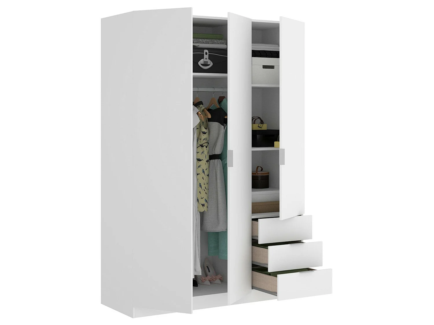 Garderobe Dnespol, Schlafzimmerschrank mit 3 Türen und 3 Schubladen, Schrank mit 3 Einlegeböden und Kleiderstange, 121x52h180 cm, WeiÃŸ