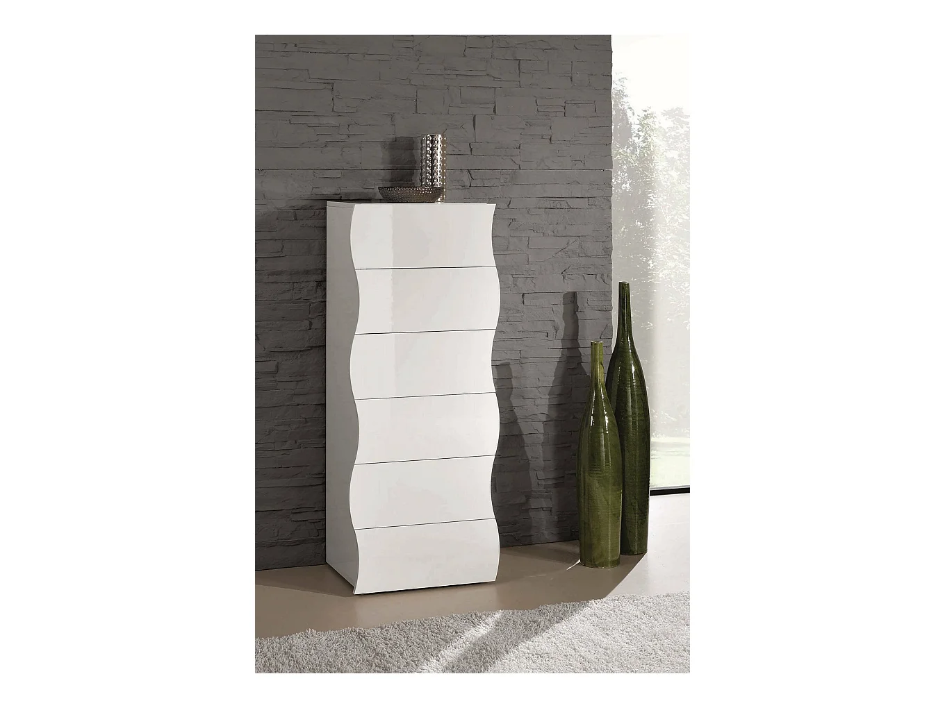 Commode Dhaa, Commode 6 tiroirs, Commode de chambre, 100% Made in Italy, 50x40h122 cm, Blanc brillant