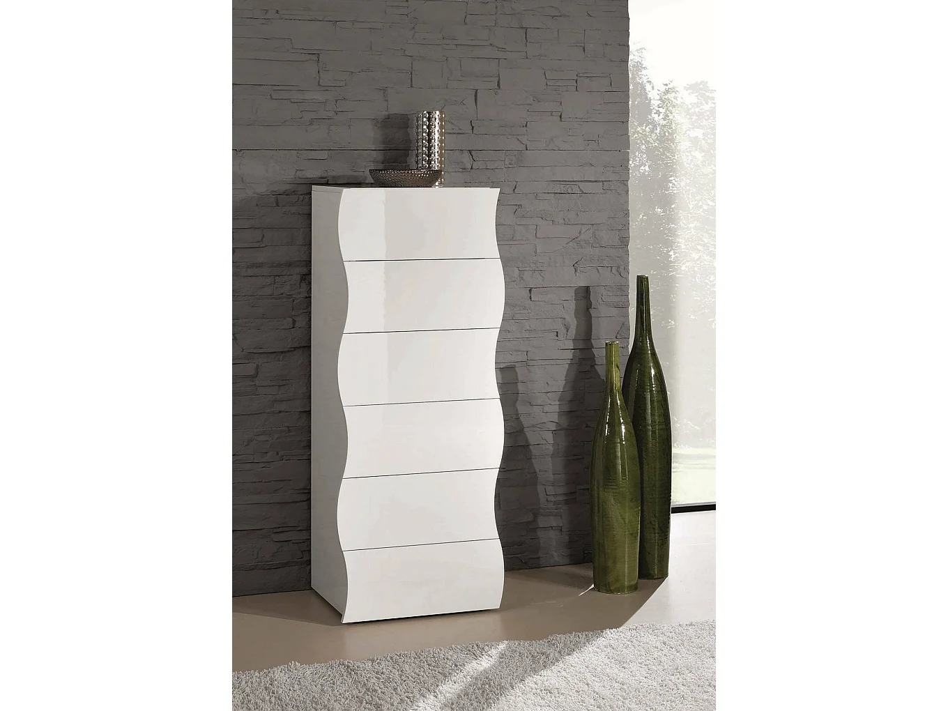 Commode Dhaa, Commode 6 tiroirs, Commode de chambre, 100% Made in Italy, 50x40h122 cm, Blanc brillant