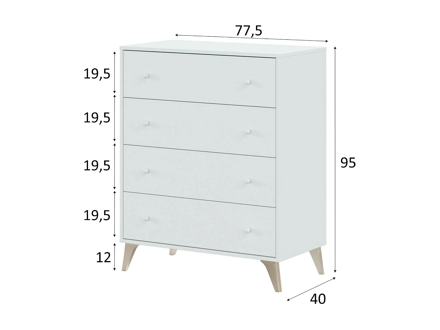 Commode Dcarus, commode 4 tiroirs, Commode pour la chambre, Commode moderne, 78x40h95 cm, Blanc