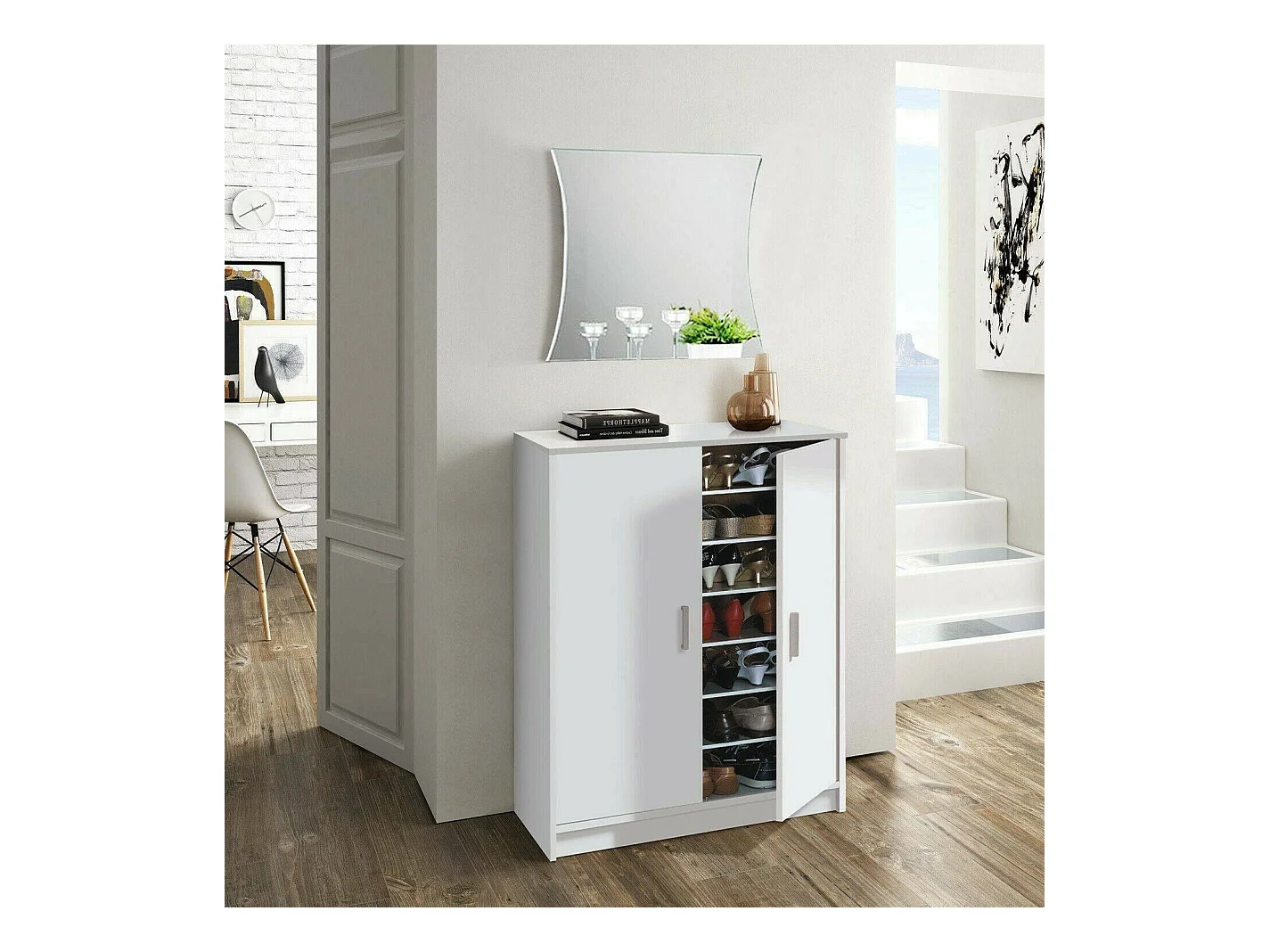 Mehrzweck-Kabinett Dlazar, Schuhschrank mit 2 Türen, Niedriger Schrank mit 6 Einlegeböden, Modernes niedriges Schuhregal, 75x36h101 cm, Weiß