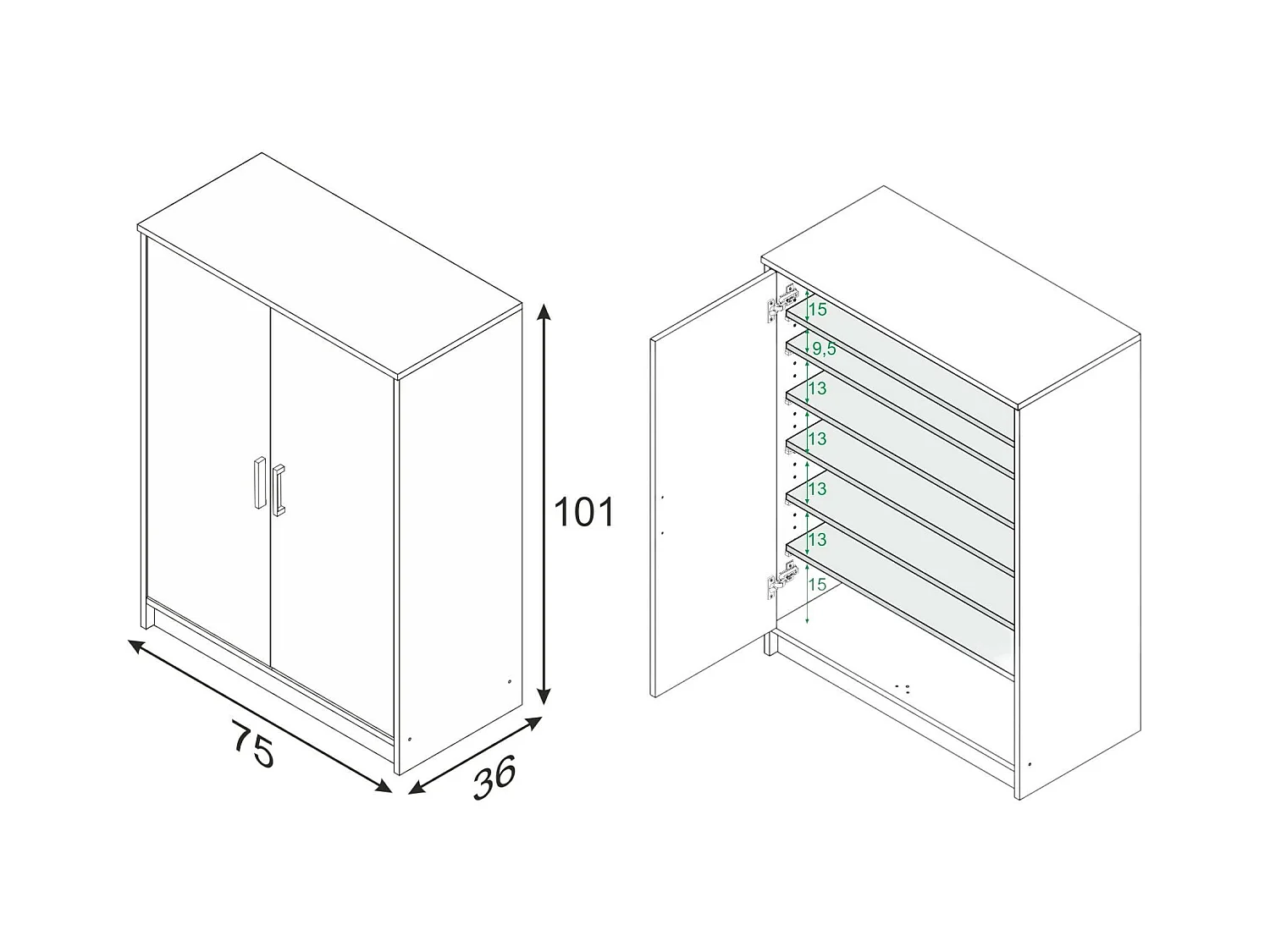 Mehrzweck-Kabinett Dlazar, Schuhschrank mit 2 Türen, Niedriger Schrank mit 6 Einlegeböden, Modernes niedriges Schuhregal, 75x36h101 cm, Weiß