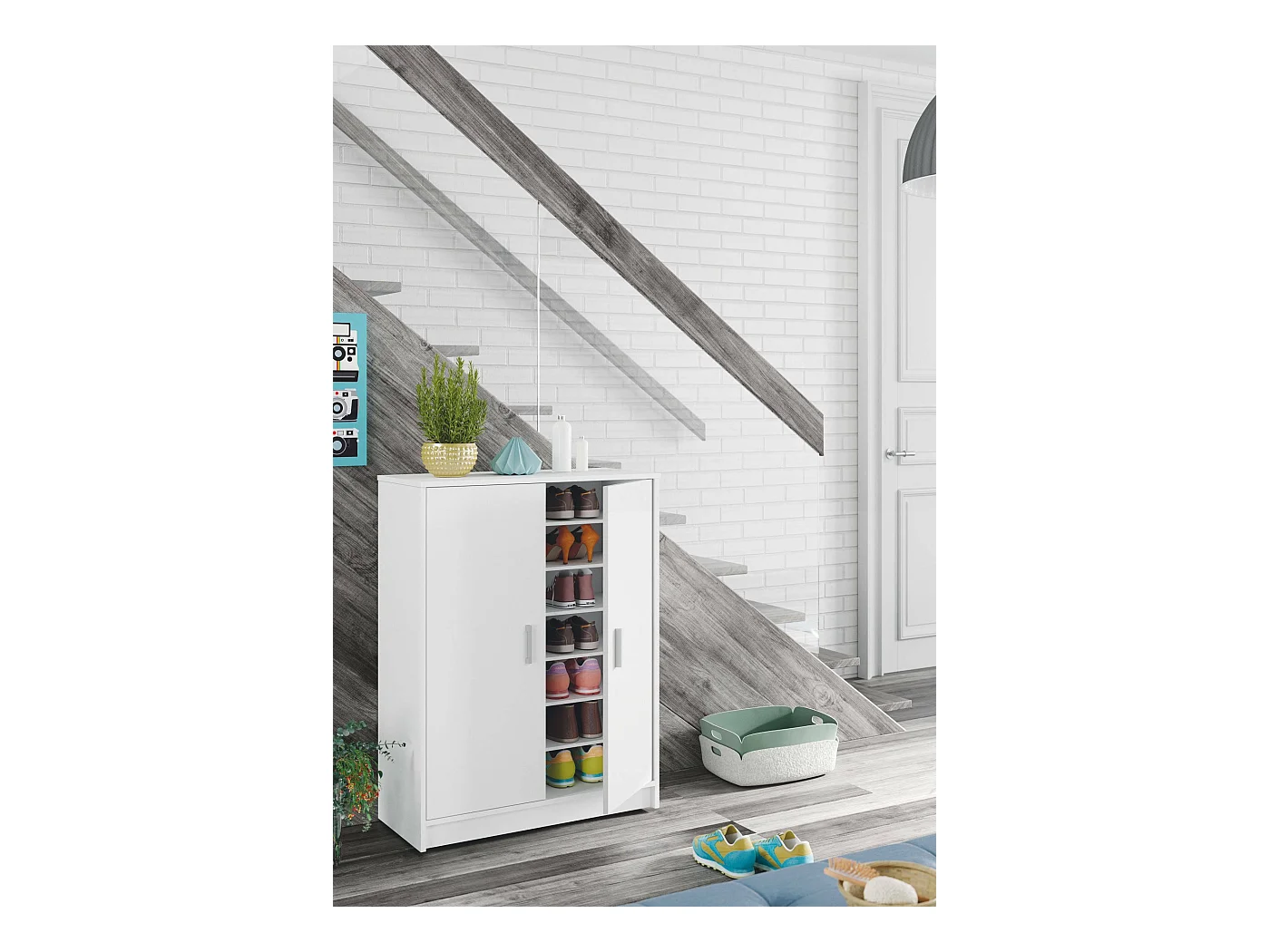 Mehrzweck-Kabinett Dlazar, Schuhschrank mit 2 Türen, Niedriger Schrank mit 6 Einlegeböden, Modernes niedriges Schuhregal, 75x36h101 cm, Weiß