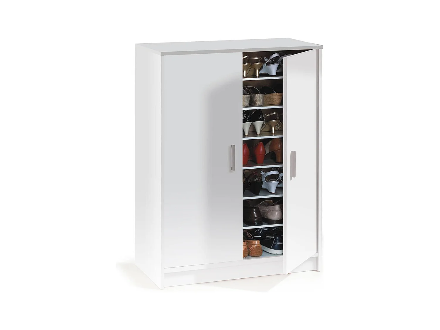 Mehrzweck-Kabinett Dlazar, Schuhschrank mit 2 Türen, Niedriger Schrank mit 6 Einlegeböden, Modernes niedriges Schuhregal, 75x36h101 cm, Weiß