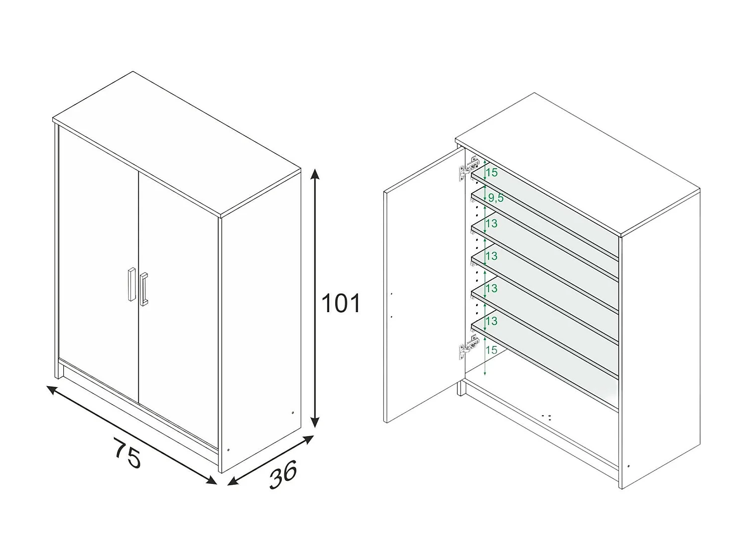 Armoire polyvalente Dlazar, armoire à chaussures 2 portes, armoire basse avec 6 étagères, étagère à chaussures basse moderne, 75x36h101 cm, blanc