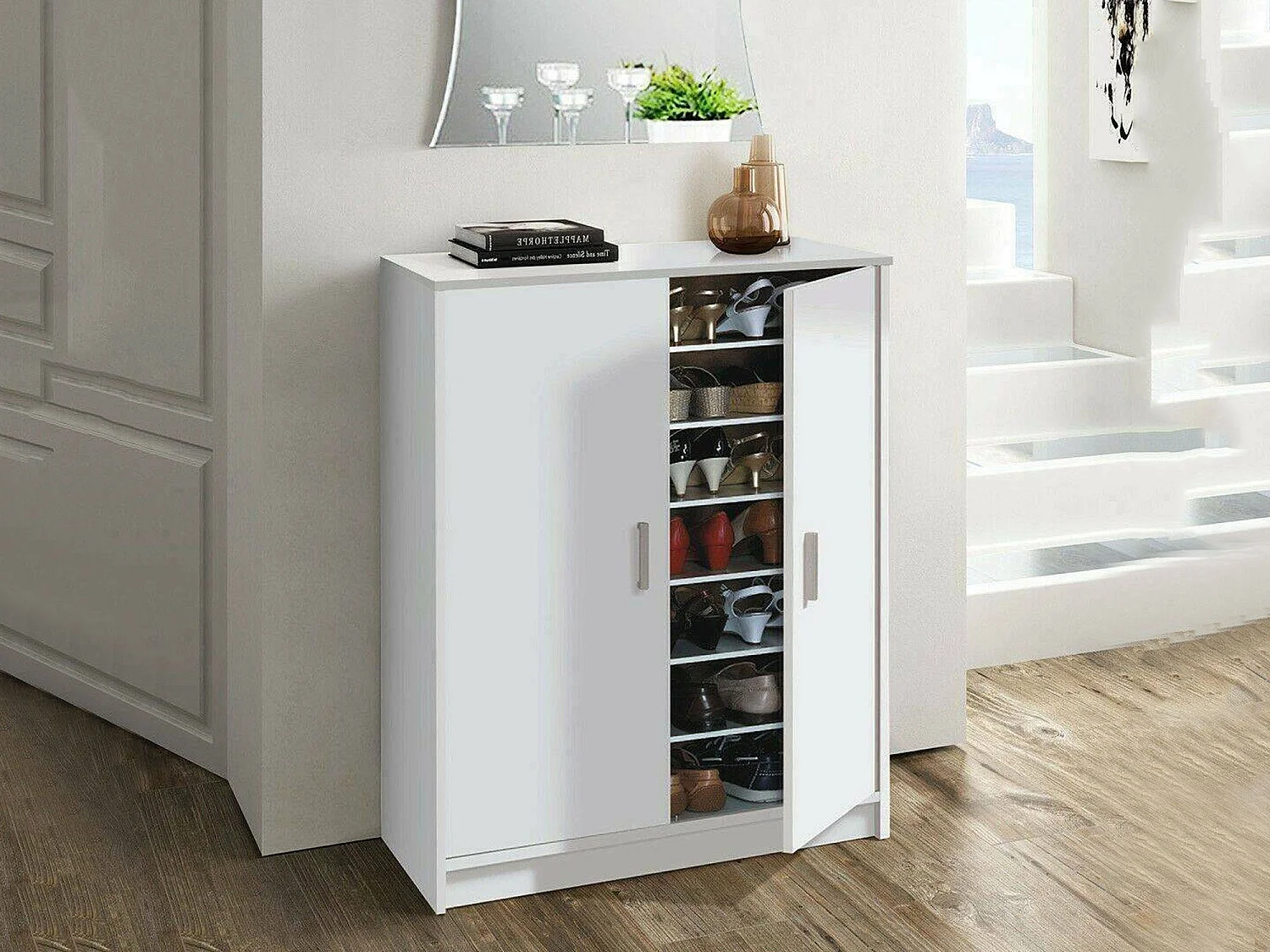 Armoire polyvalente Dlazar, armoire à chaussures 2 portes, armoire basse avec 6 étagères, étagère à chaussures basse moderne, 75x36h101 cm, blanc