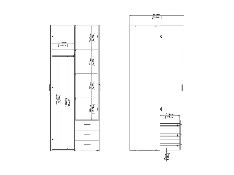 Armoire à deux portes et trois tiroirs, couleur blanche, Dimensions 77 x 200 x 49,5 cm