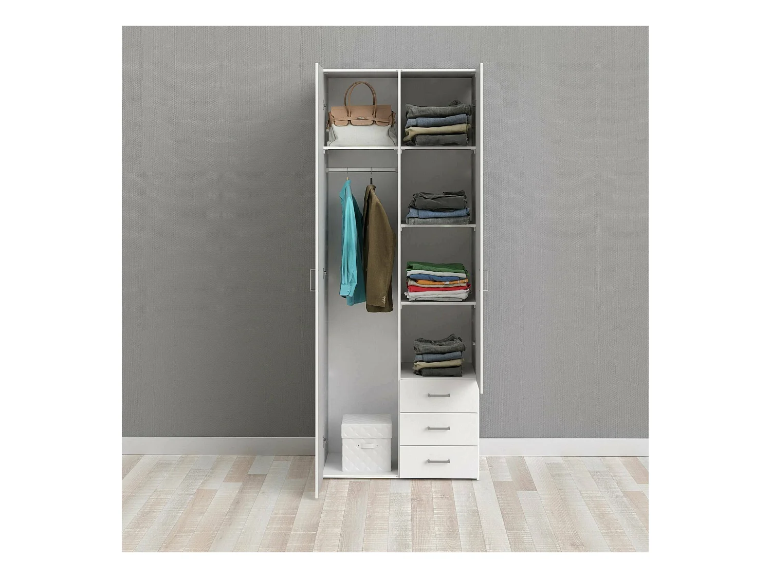 Armoire à deux portes et trois tiroirs, couleur blanche, Dimensions 77 x 200 x 49,5 cm