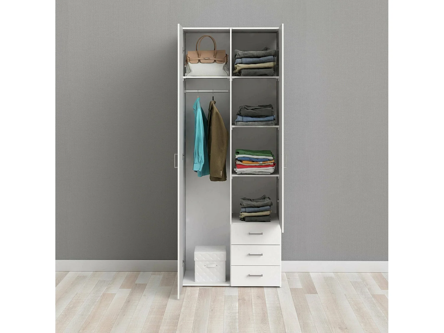 Armário com duas portas e três gavetas, cor branco, mede 77 x 200 x 49,5 cm