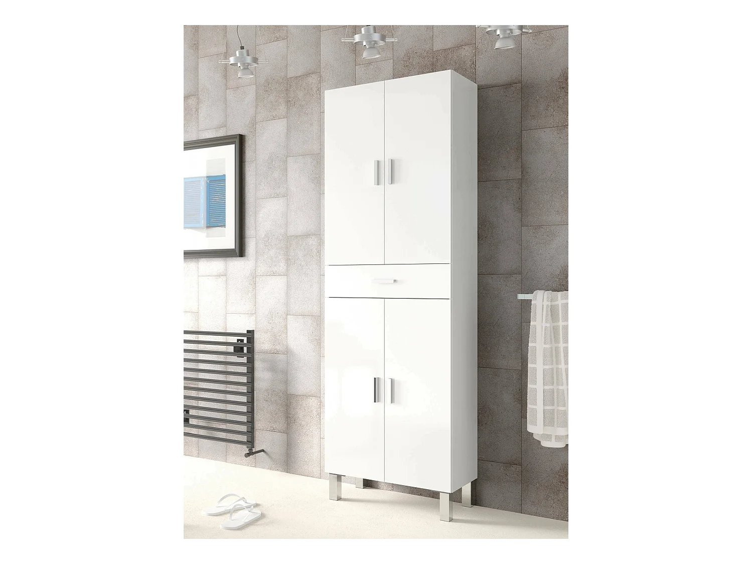 Armoire polyvalente Delobo, Meuble de salle de bain ou buanderie avec 4 portes et 1 tiroir, Armoire à chaussures polyvalente, 60x29h182 cm, Blanc brillant