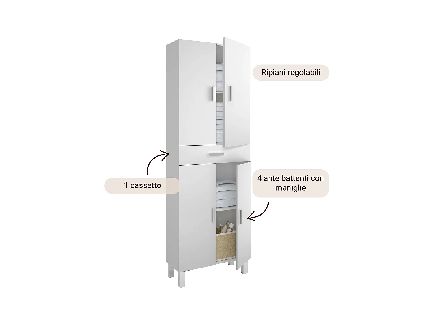 Armoire polyvalente Delobo, Meuble de salle de bain ou buanderie avec 4 portes et 1 tiroir, Armoire à chaussures polyvalente, 60x29h182 cm, Blanc brillant