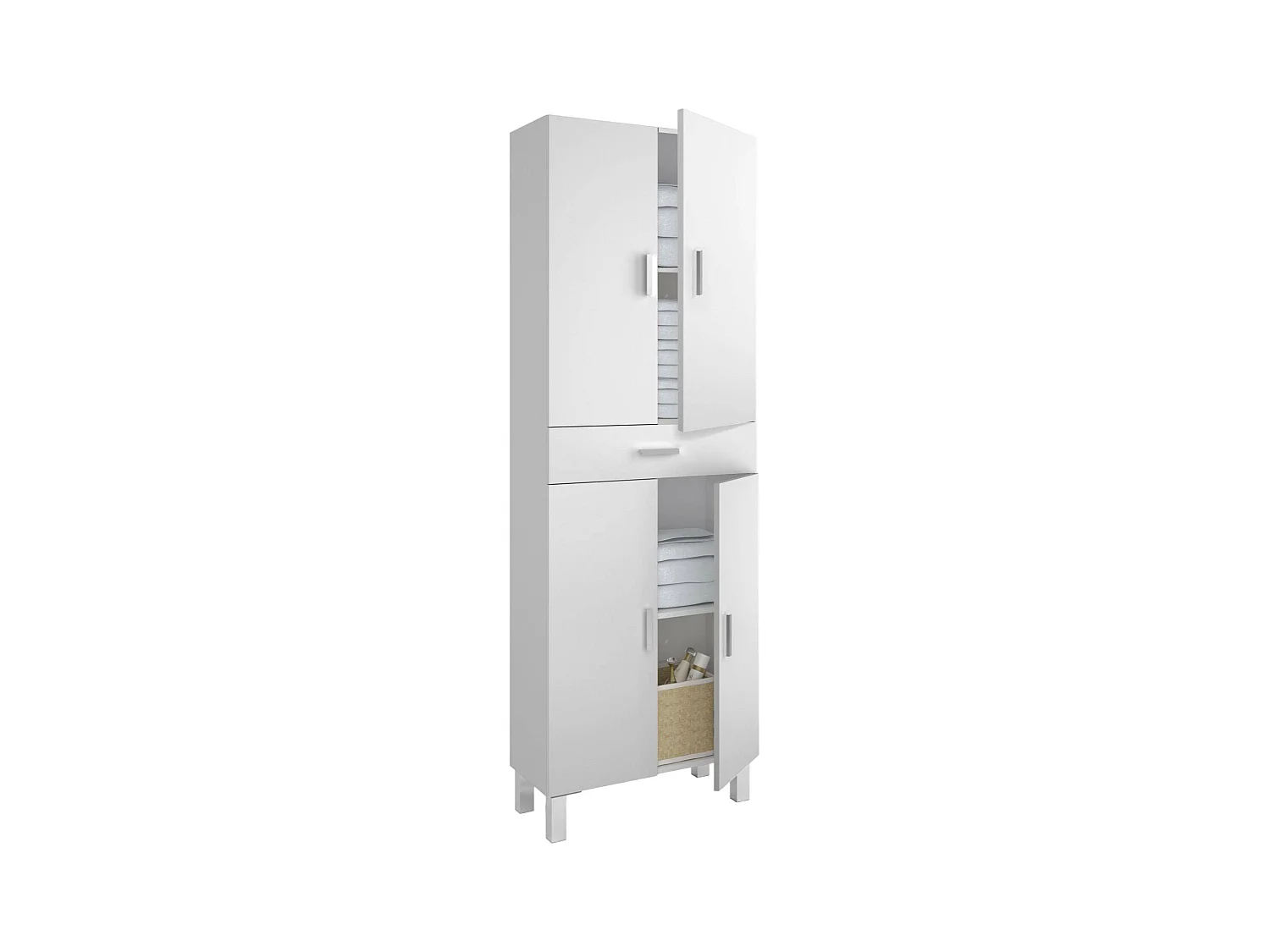 Armoire polyvalente Delobo, Meuble de salle de bain ou buanderie avec 4 portes et 1 tiroir, Armoire à chaussures polyvalente, 60x29h182 cm, Blanc brillant